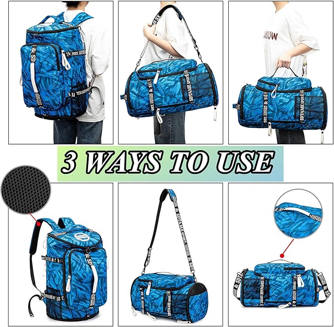 Gym Duffle Bag Backpack with Shoe Compartment,4 ways Travel Backpack for Women and Men,Multi-Functional Weekender bag with Waterproof Layer&Laptop Compartment for Fitness, Travel,Camping