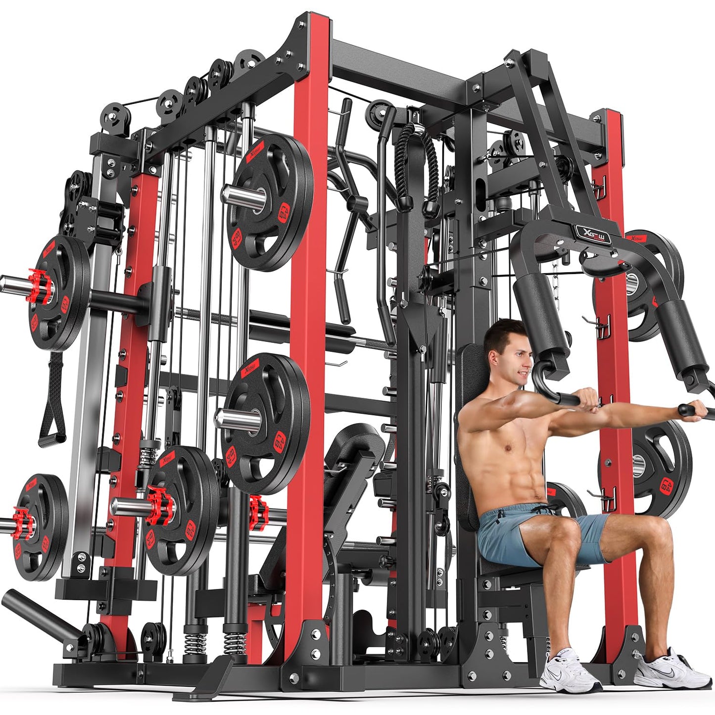 Smith Machine with Cable Crossover System, Multi-Function Squat Rack Power Cage for Home Gym, Power Rack and Packages Weight Sets (Red, L07-Smith Machine+Bench+(Pole+Cast lron) 341LBS)