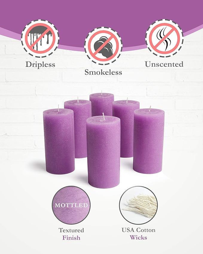 Mottled Pillar Candles by Bask - Set of 6-3" x 6" Dripless Unscented Candles in Purple for Home Decor, Relaxation & All Occasions