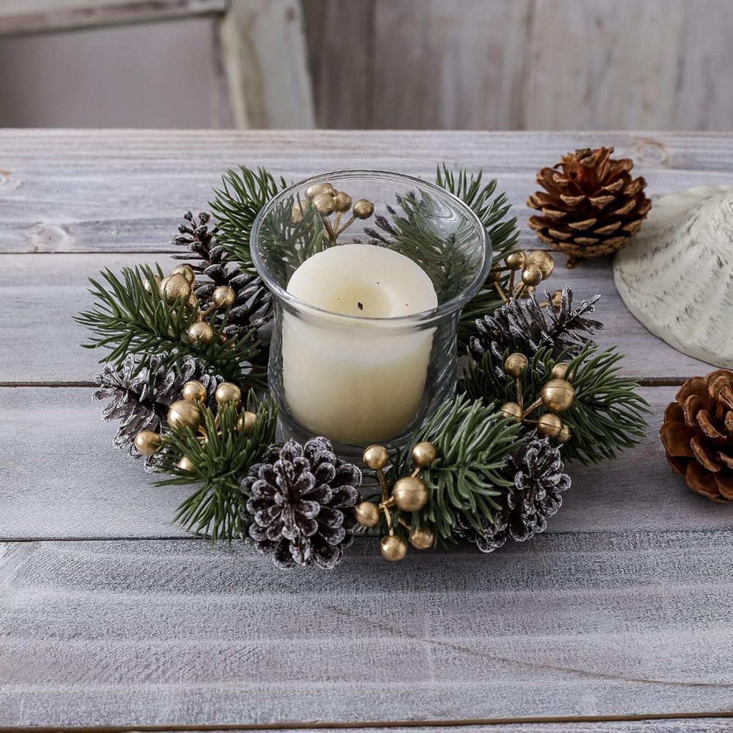 Regine Switzerland Christmas Candle Rings - Elegant Gold Berries & Pinecones | 2-Piece Winter Decor Set