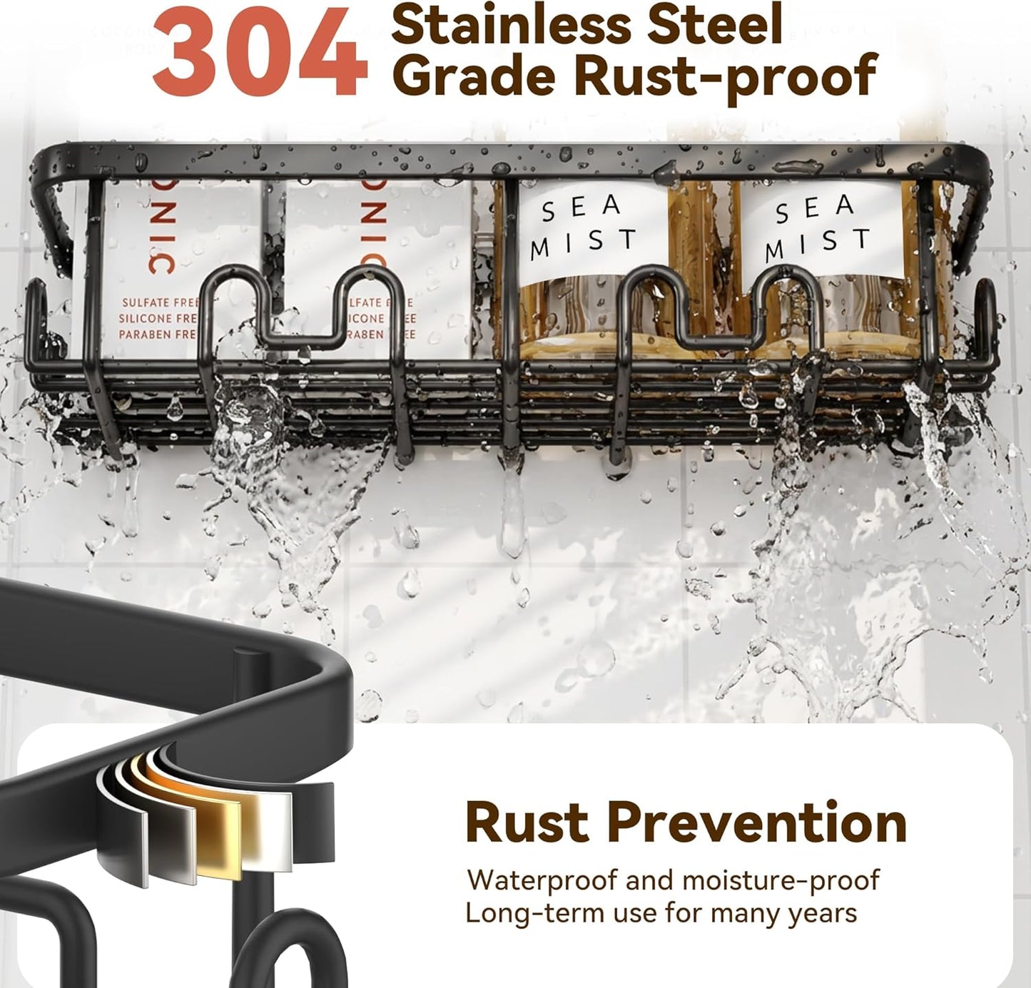 YASONIC Adhesive Shower Caddy - Rustproof 2-Pack Black Shower Shelves with Soap & Toothbrush Holder