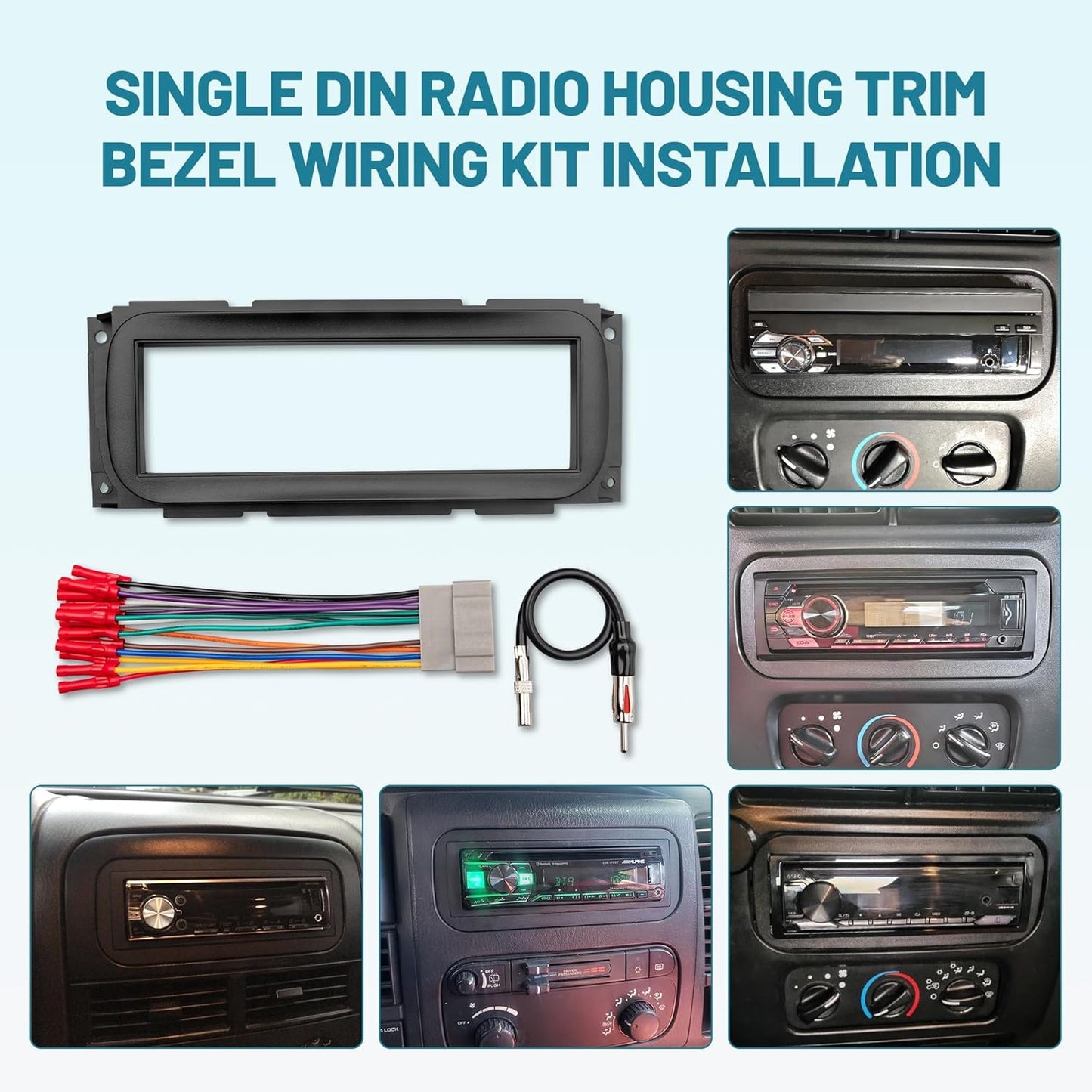 2002-2007 NuIth Single DIN Radio Dash Kit W/Radio Wiring Antenna Adapter for Select Chrysler/Dodge/Jeep, Single Din