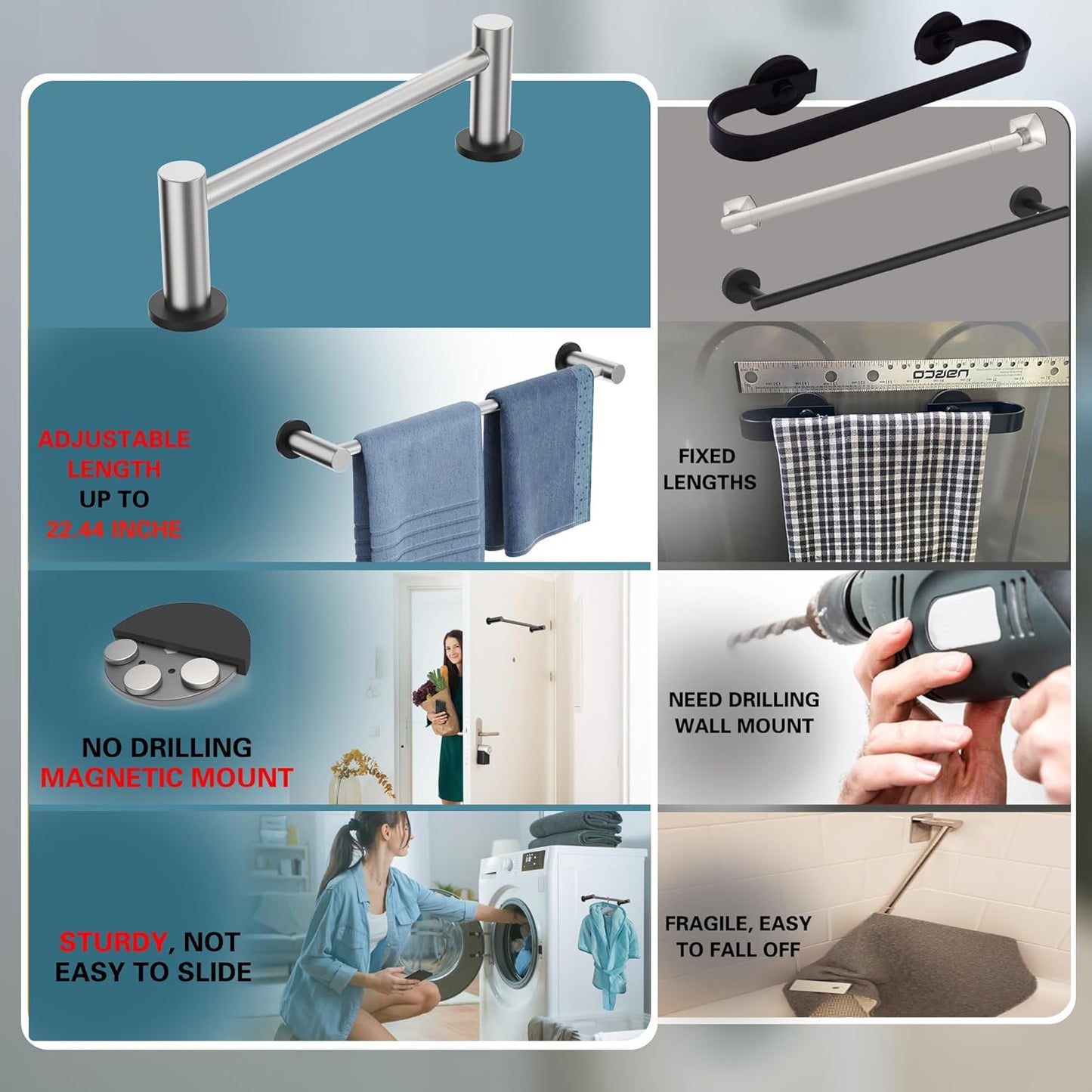 ULIBERMAGNET Magnetic Towel Holder - Adjustable Length Brushed Nickel Stainless Steel Rail | 2 Pack