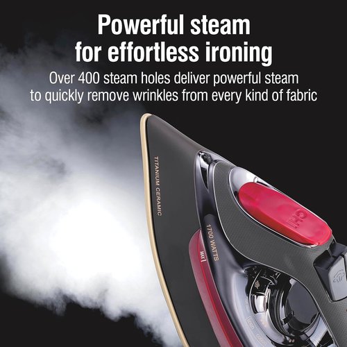 CHI Steam Iron - Professional Grade 1700 Watts with 8’ Retractable Cord & Titanium Soleplate - Black/Chrome