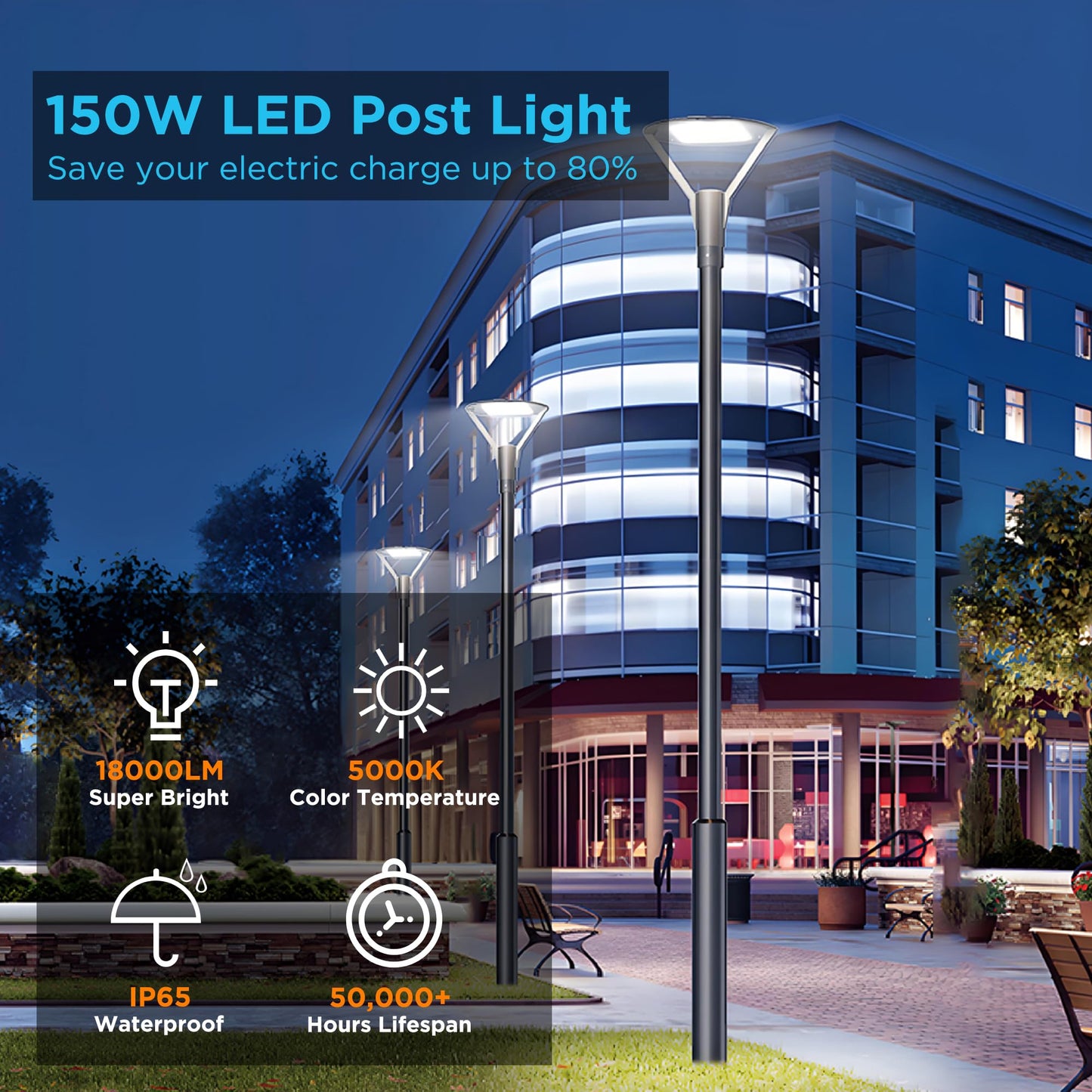 CFY LIGHTING 150W LED Post Top Light 18000Lm 4000K LED Circular Area Light AC120-277V 1-10V Dimmable Outdoor Pole Lights Fixture for Garden courtyards Squares and Pedestrian Streets