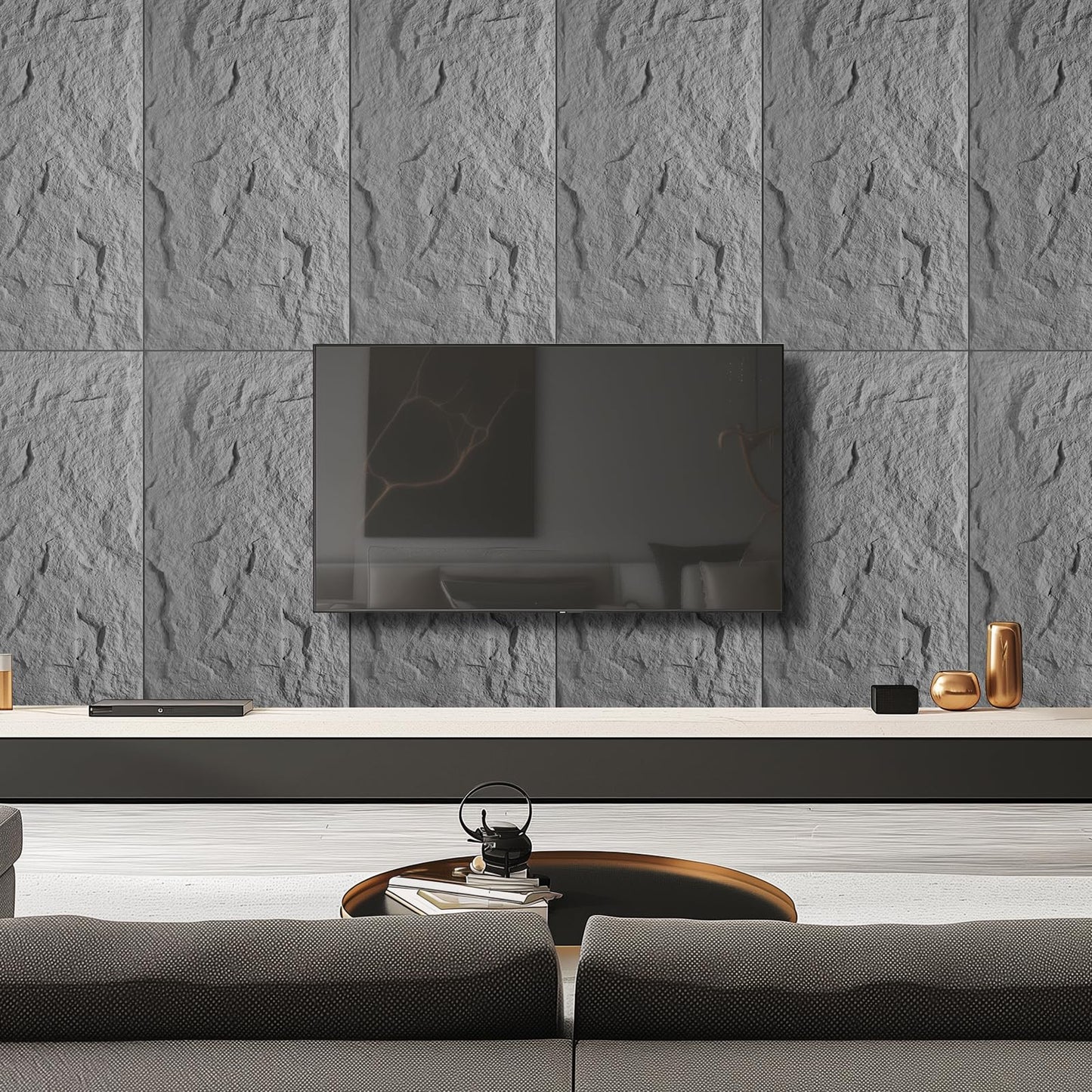 VESLARA 4 PCS Faux Stone Wall Panel 43.3’’ x 23.6’’ PU Wainscoting Panel with Lava Stone Design 3D Wall Panel for Interior Wall Decor Bedroom Living Room Office Cement