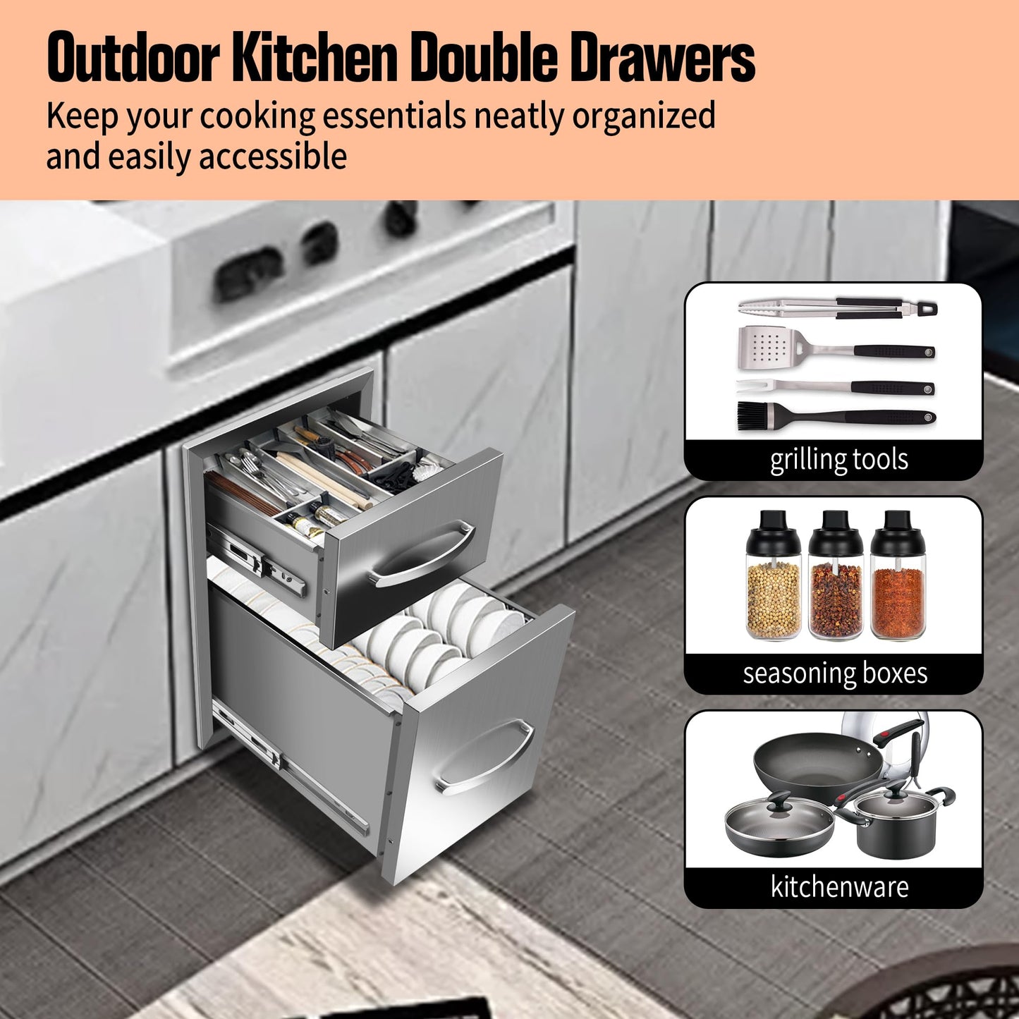 RAILEN Outdoor Kitchen Drawers 13" W x 20" H x 21" D Built-in BBQ Drawer Stainless Steel Access Drawers for Outdoor Kitchen Island or Grill Station