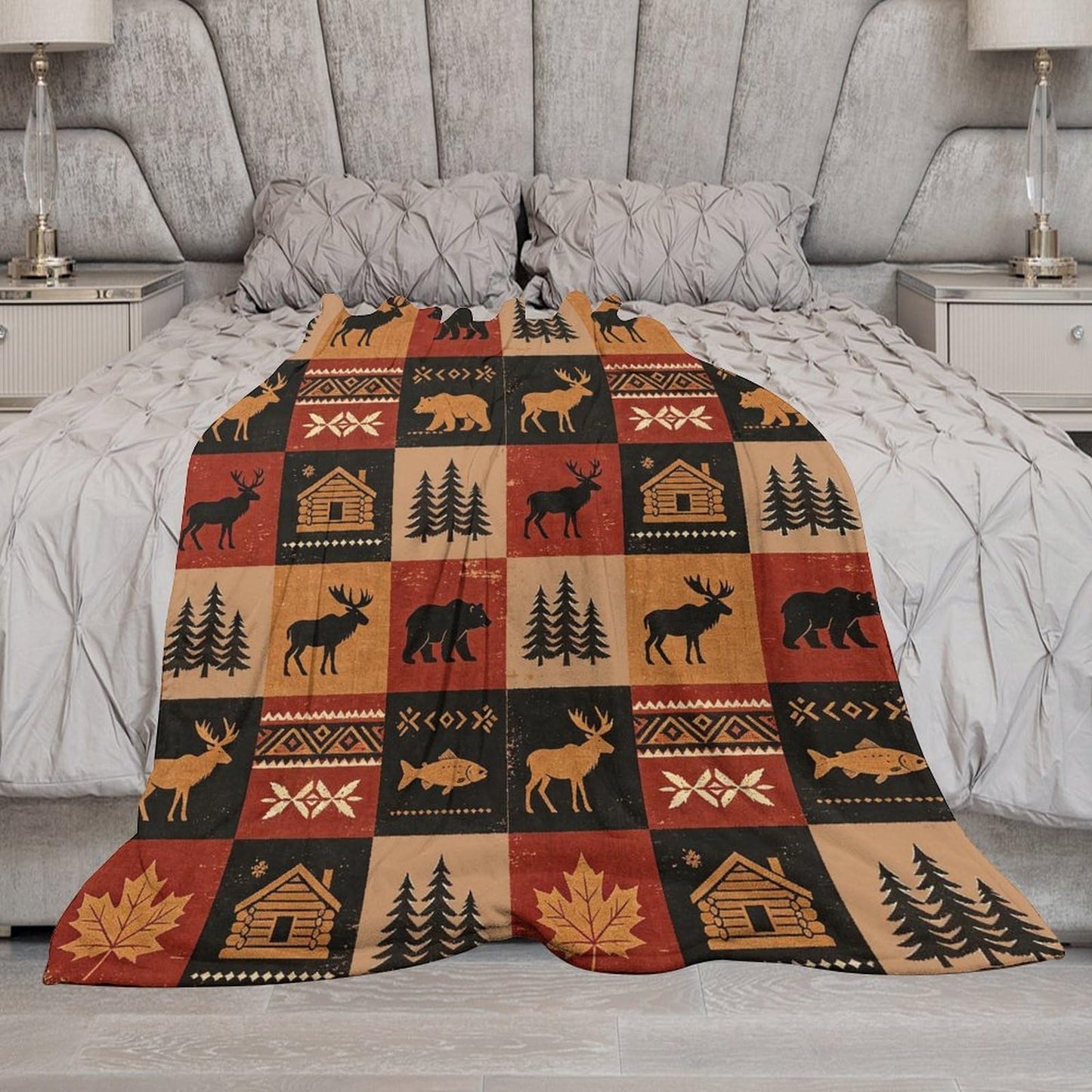 Bear Rustic Cabin Moose Blanket Soft Flannel Farmhouse Throw Blanket Gifts for Adults Cozy Blanket for Red Black Check Farmhouse Art All Season Couch Bed Sofa Home Decor, 50"x60"