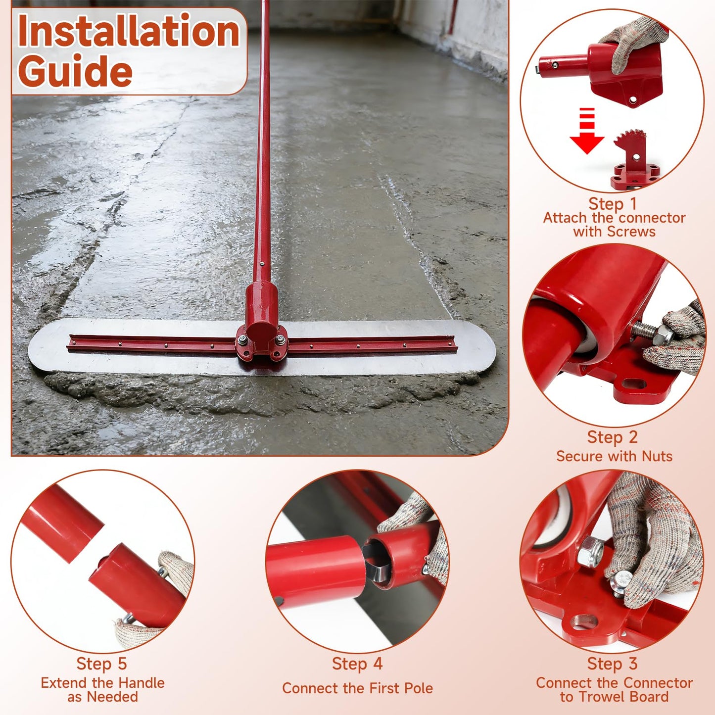 Concrete Bull Float Tool Kit, 48"x8" Round End Aluminum Magnesium Alloy Cement Trowel Board with Adjustable Bracket, 45" Extendable Handles x4 for Screeding and Finishing