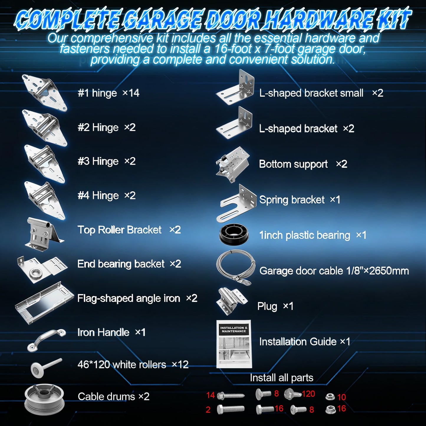 MorningRo Garage Door Parts Installation Bundle Kit for 16' by 7' Overhead Doors, Fix Replace Garage Hardware Repair Replacement Set with Brackets Drums Cables Hinges Rollers Screws Bearings & Bolts