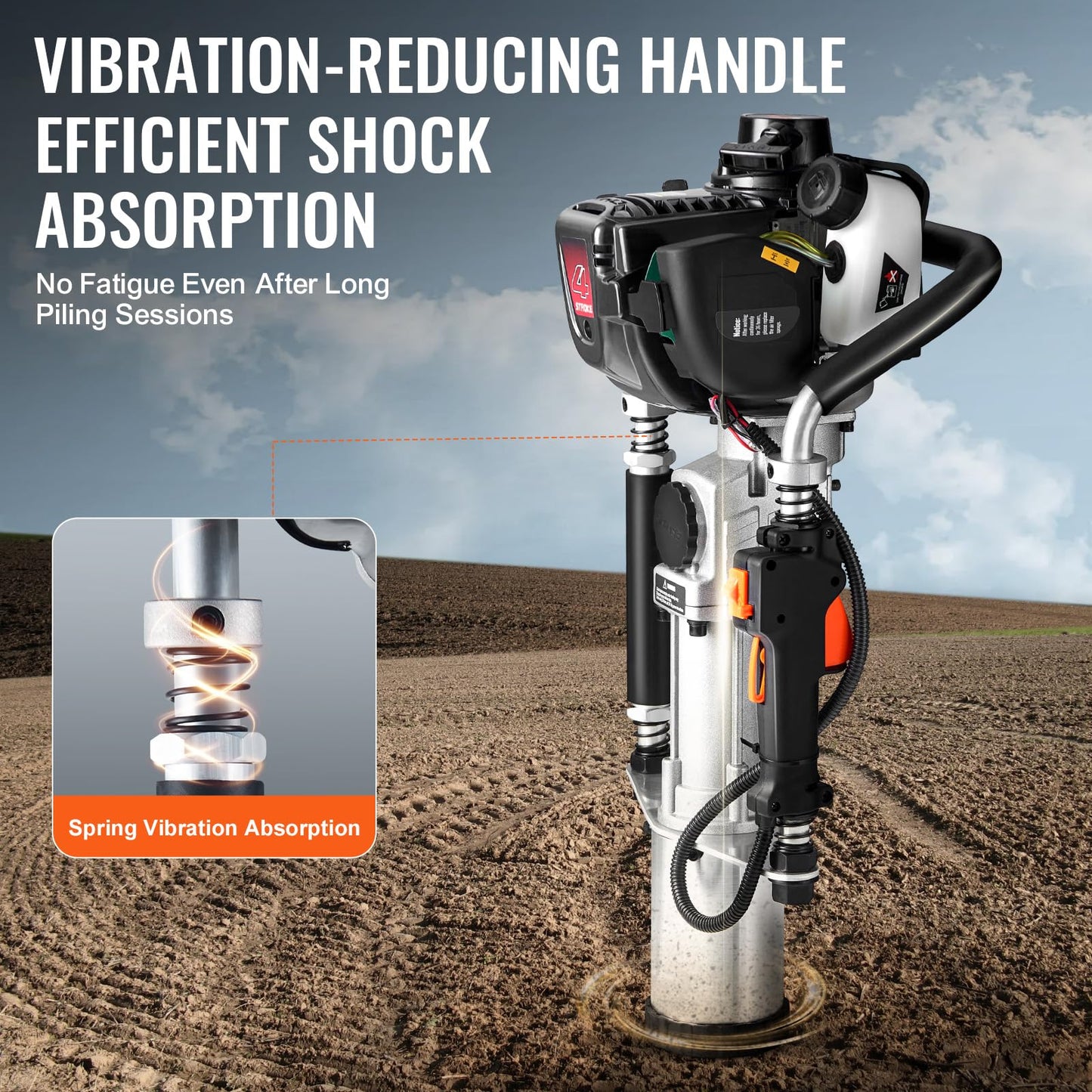 VEVOR 37.77cc Gas-Powered T Post Driver, 4-Stroke Engine Gasoline Fence Piling Pounder, with 3 Post Driving Head(45/55/88 mm), 1000W Portable Piledriver For Farm, Ranch Fencing, Road Improvements