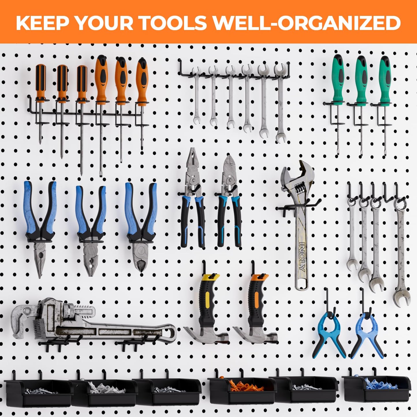 INCLY 220PCS Extra Thick Pegboard Accessories Organizer Kit for 1/4 Inch Pegboard, Heavy Duty Black Pegboard Hooks with Bins & Peg Lock, Peg Board Hooks Assortment for Garage Wall Hanging Tools