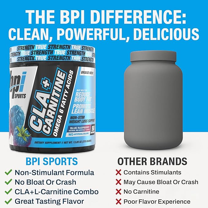 BPI Sports CLA+Carnitine ??CLA L Carnitine & Linoleic Acid ??L Carnitine Supplement for Weight Loss, Metabolism & Lean Muscle ??Caffeine Free ??Blue Raspberry ??50 Servings ??12.34 oz