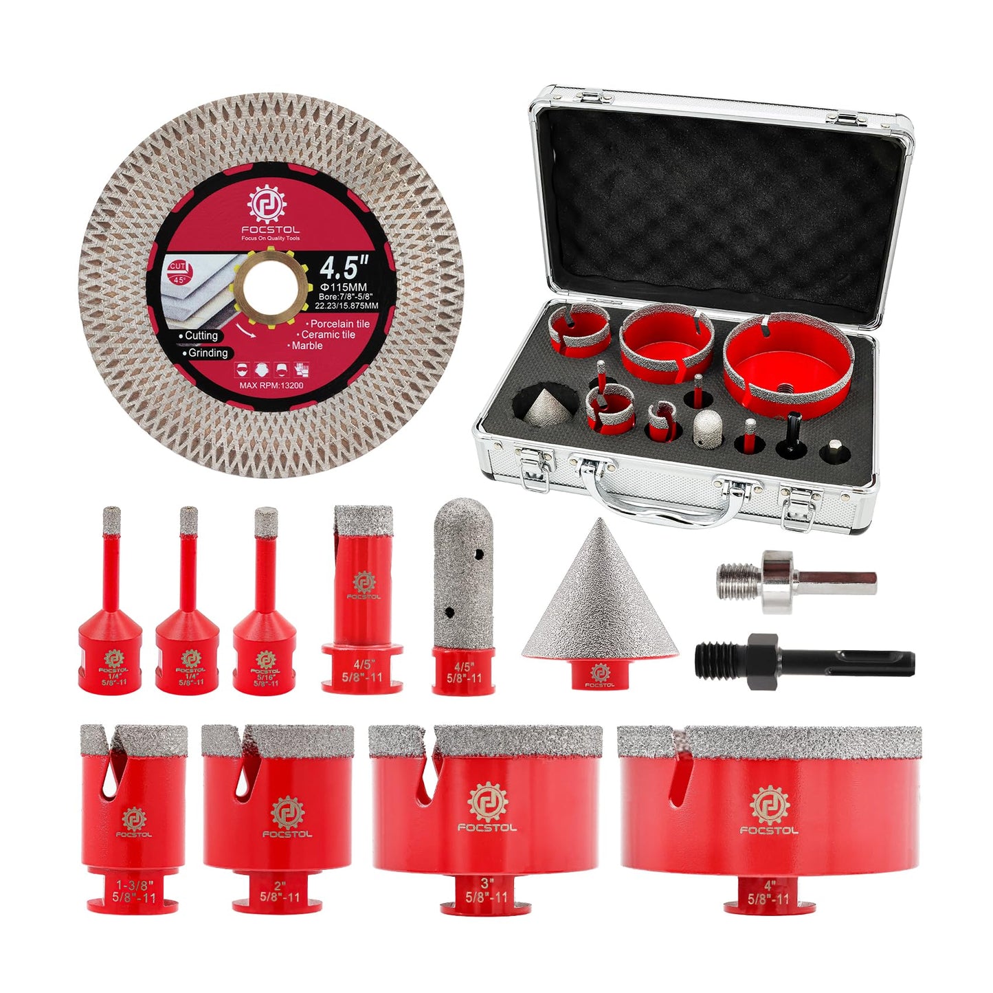 Diamond Tile Hole Saw Kit 13pcs - (6/6/8/20/35/50/75/100mm+20mm Milling Bit+50mm Beveling Chamfer Bit+Hex+SDS+115mm Saw Blade) Diamond Core Drill Bit Set for Porcelain Tile Ceramic Marble FOCSTOL
