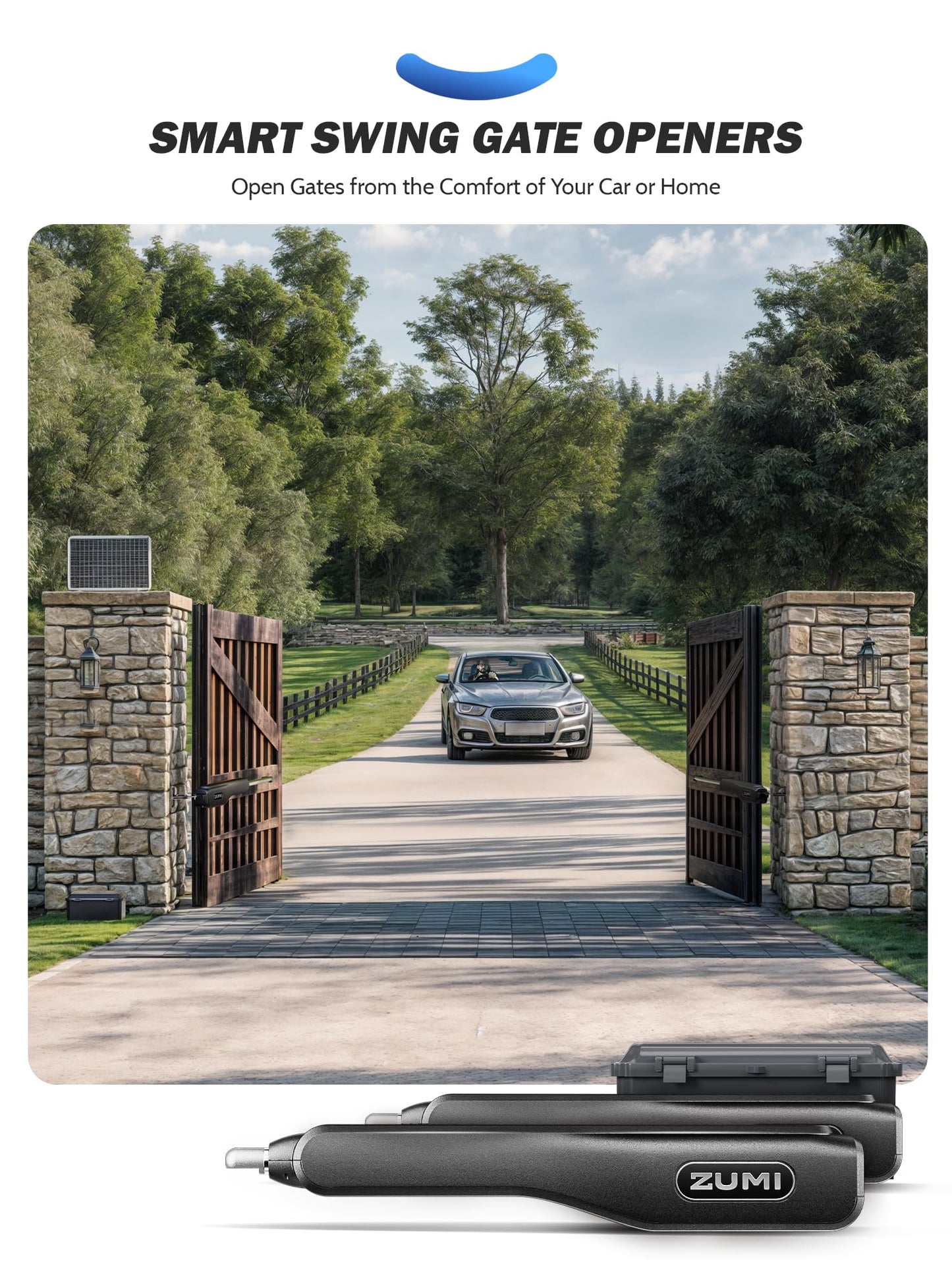 ZUMI Smart Solar Gate Openerfor Gates up to 1100lb 20ft, App Control Swing Gate Opener Electric Gate Opener Automatic Gate Opener with Remote Control for Home Driveway Garden