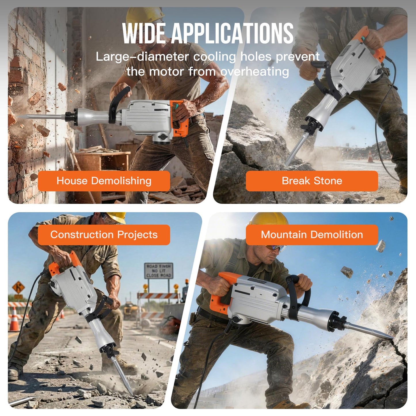 1500W Electric Demolition Jack Hammer, 1800 BPM Heavy Duty Concrete Breaker, 60J Impact Energy & Anti-Vibration System, 360° Handle, Carrying Case, 3 Point, Flat,100mm Flat Chisel
