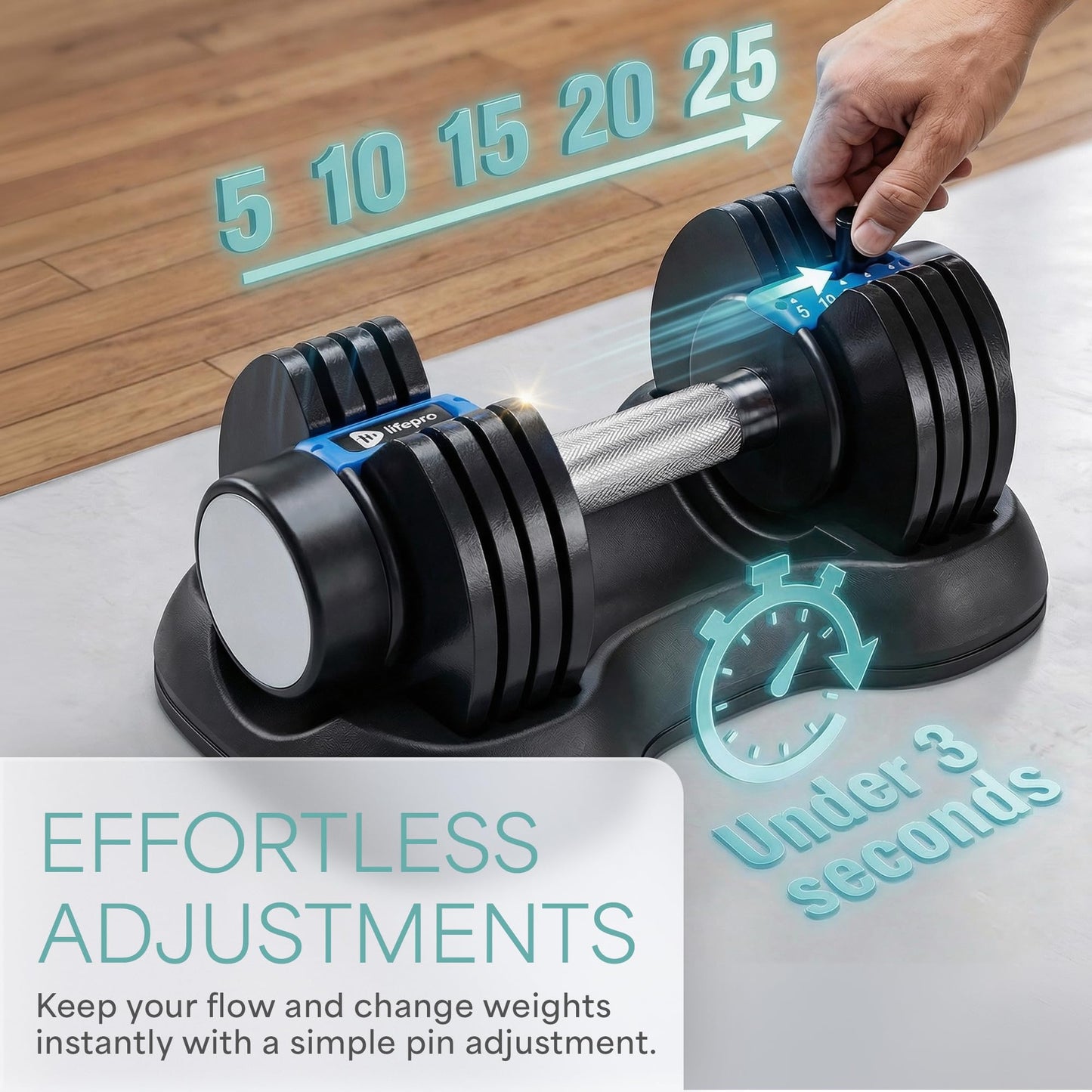 LifePro Powerflow Plus Adjustable Dumbbell Set of 2 with Rack – 5 to 25 lb Pair, Quick-Adjust Dial, Anti-Slip Grip, Space-Saving Hand Weights for Men & Women for Home Gym Strength Training
