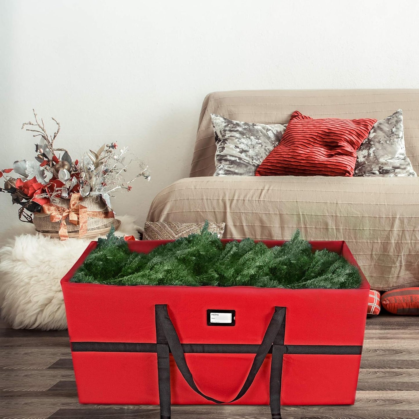 ProPik Christmas Tree Storage Bag - Heavy Duty Container for 9 Ft. Disassembled Trees | 24" H x 24" W x 60" L, Red