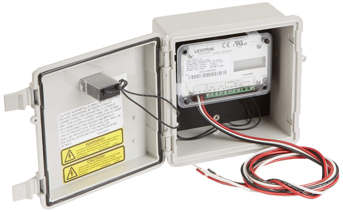 Leviton Outdoor Surface Mount Mechanical Counter 120/208/240V 2P3W 100A with 2 Split Core CTs Mini Meter Kit, MO240-1W