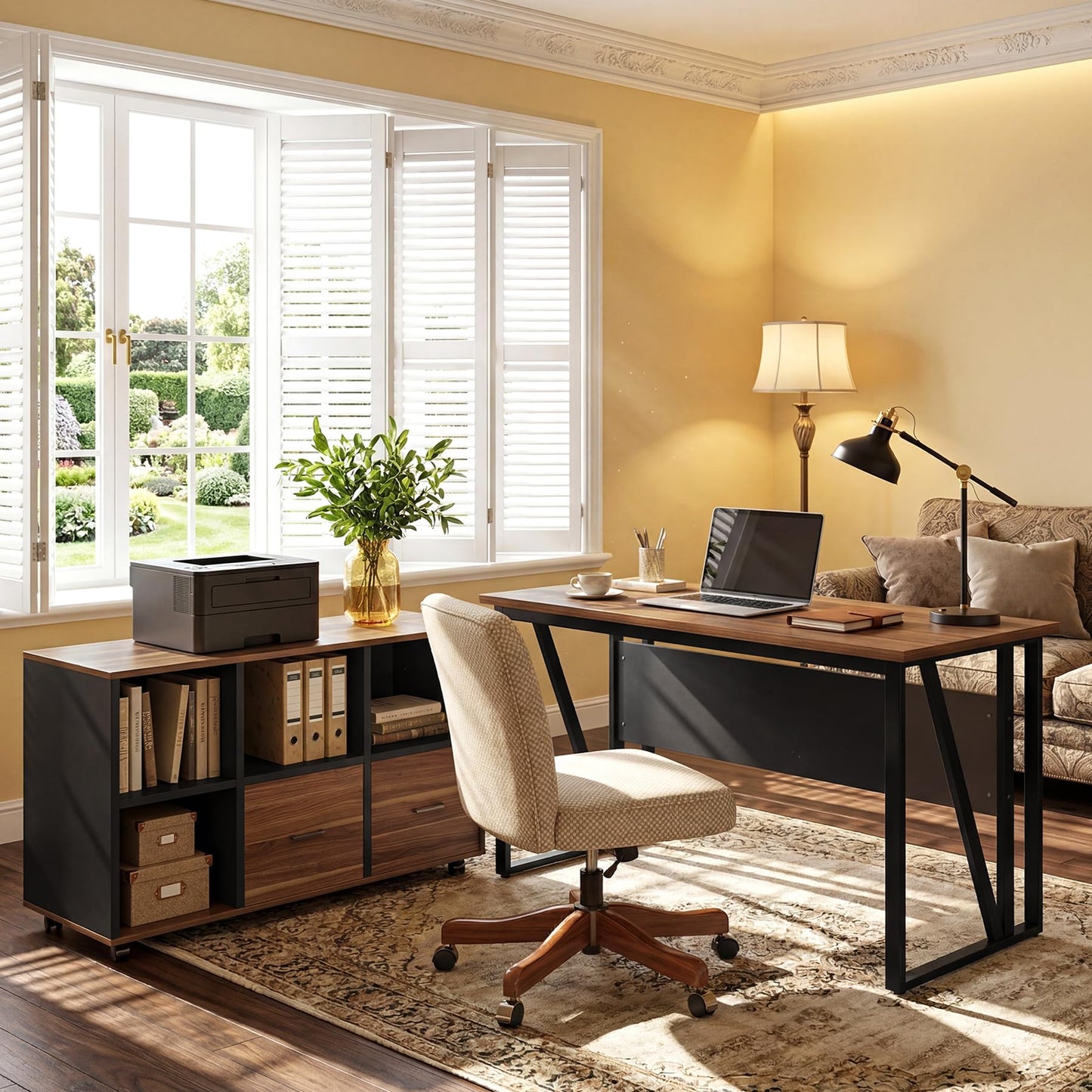 Tribesigns 55-Inch Executive Desk with 43" Mobile File Cabinet, L-Shaped Computer Desk with Drawers & Shelves, Large Industrial Home Office Desk Set with Storage, Brown & Black