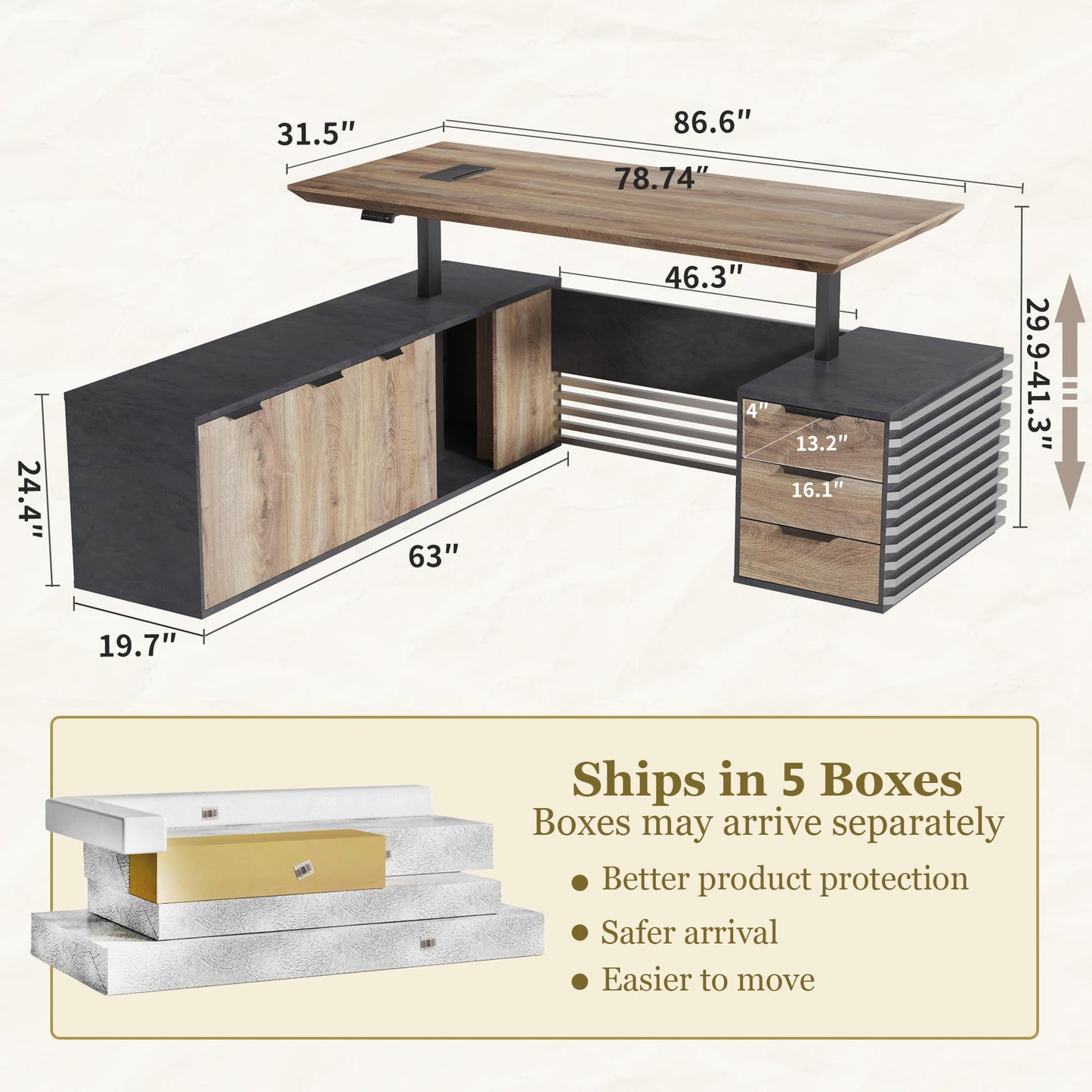 Electric Height Adjustable Executive Desk, Luxury L-Shaped Office Desk with Storage Cabinet & Charging Station, Solid Thickened Desktop, 86" Modern CEO Workstation for Home Office & Corporate Office