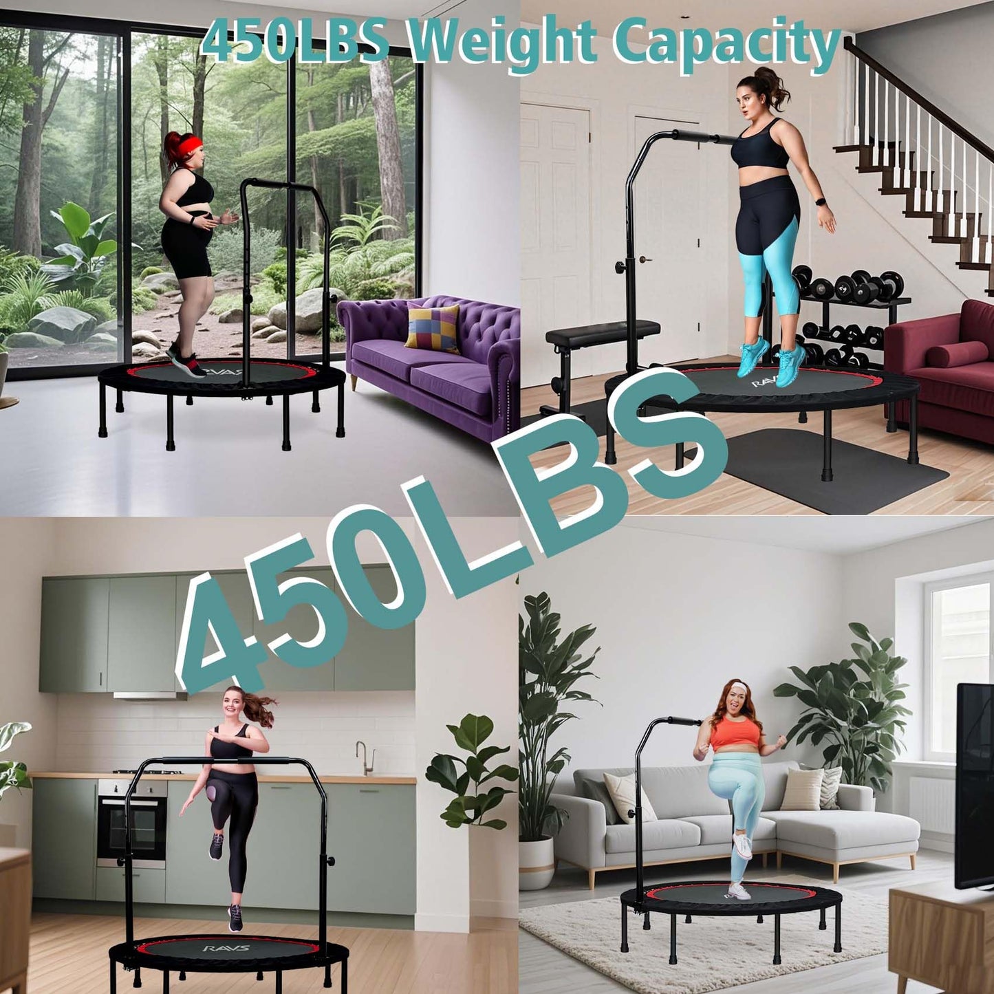 RAVS Mini Trampoline for Kids Adults 40"/48" Foldable Fitness Rebounder Kids Trampoline with 5 Levels Height Adjustable Handle Resistance Bands Indoor Workout