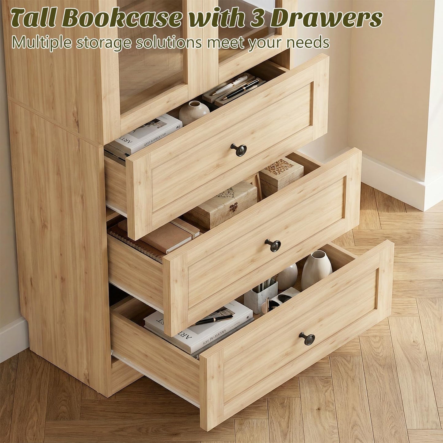 Cyclysio 80" Tall Storage Cabinet with Glass Doors, Drawers & Seamless Baseboard Fit Design - 2 Set Natural Oak Storage Cabinets with Adjustable Shelf for Office, Bathroom, Living Room, Kitchen