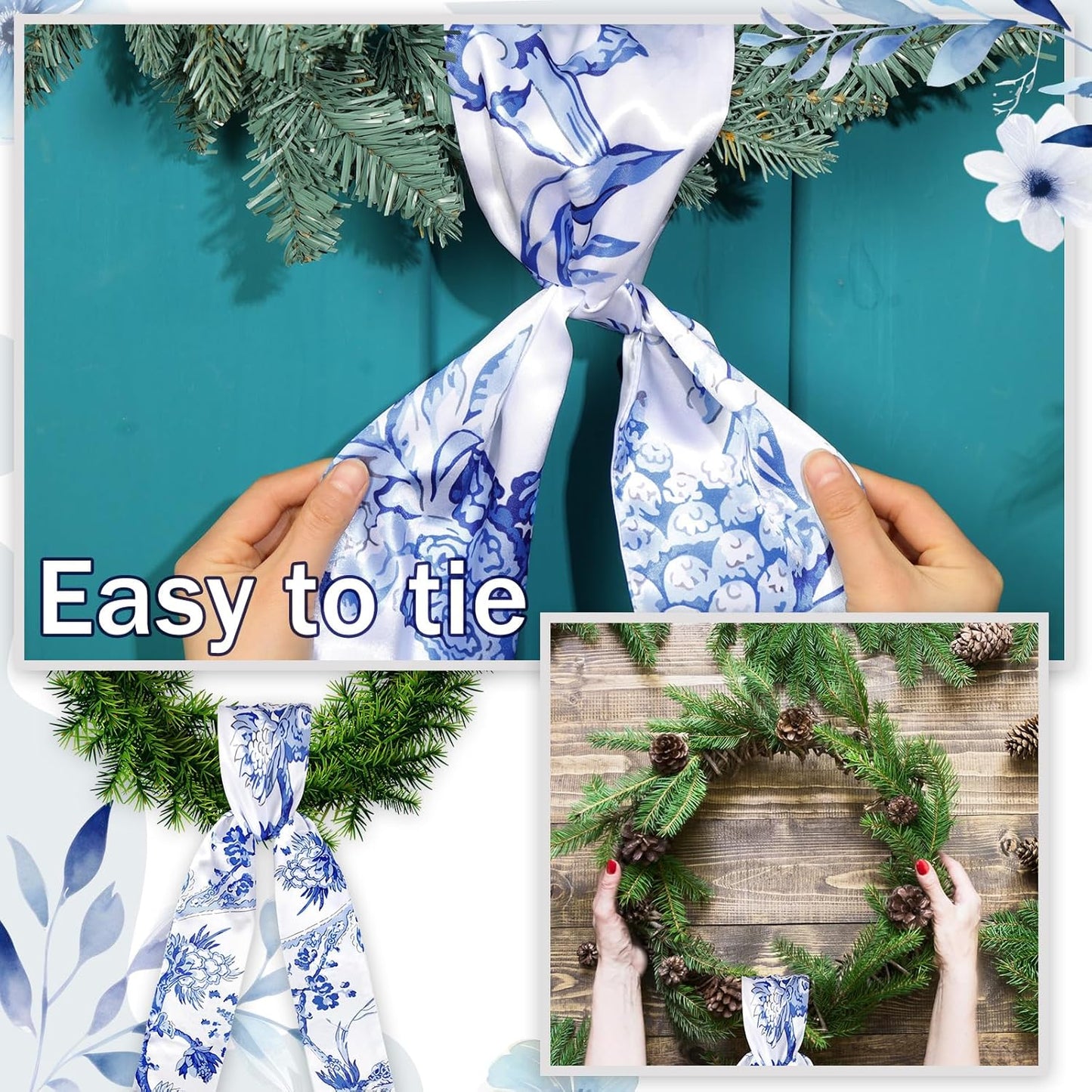 XunYee Wreath Sash Set - 6 Pcs Embroidered Monogram Decor for Indoor/Outdoor Use | Chinoiserie Design