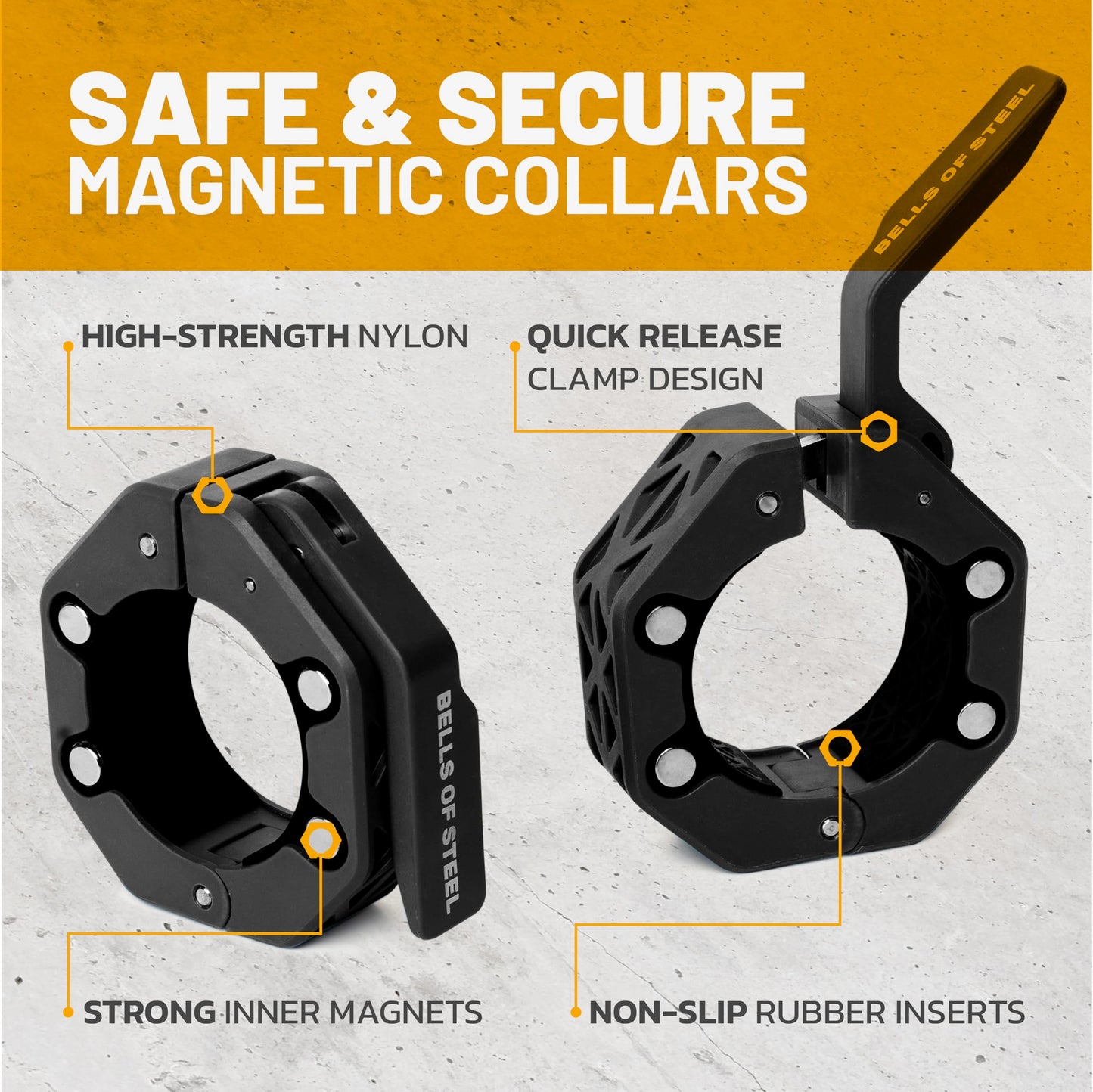 Magnetic Barbell Collars [Bells of Steel] Version 2.0 Premium Weight Bar Clamps, Quick Release Barbell Clips, Olympic Barbell Clamps, High-Strength Nylon Gym Clips, Pair, Black