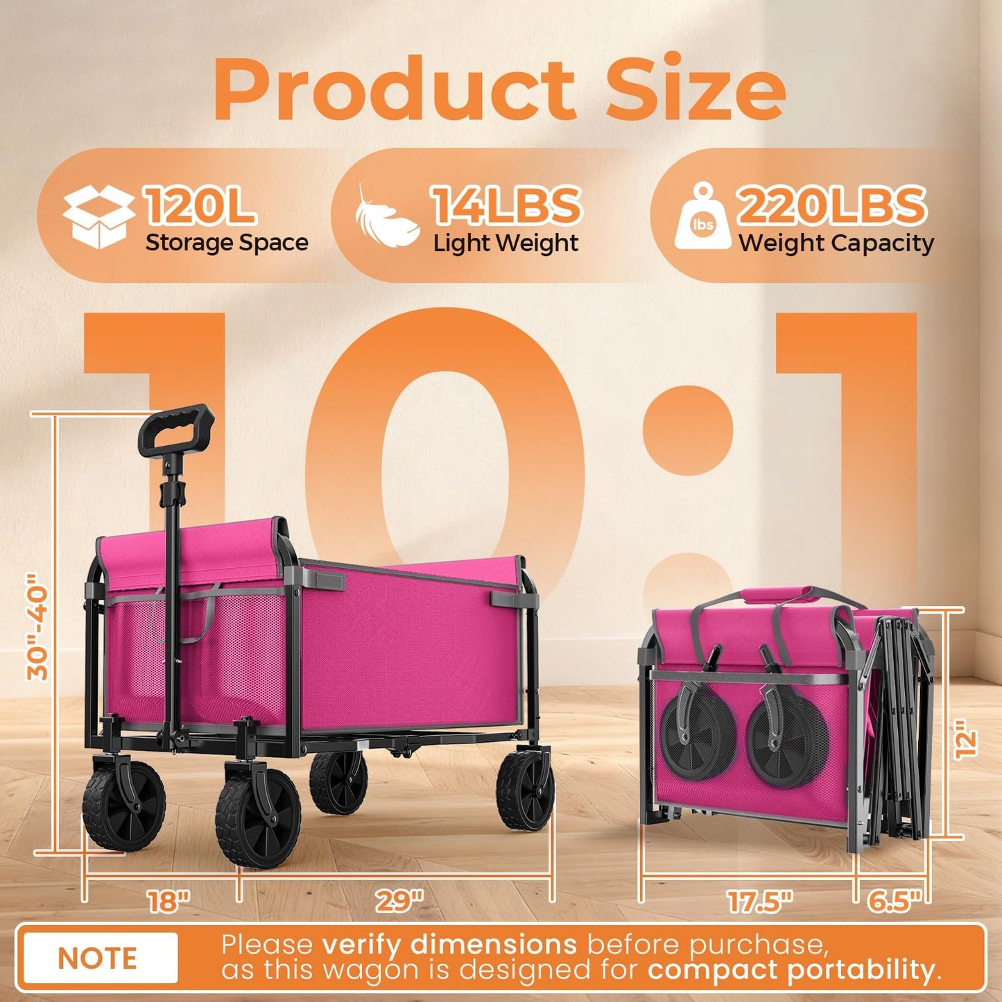 Holacamking Portable Collapsible Wagon Cart, Foldable Cart with Removable Side, Utility Groceries Wagon for Dogs Cats Camping Beach Shopping Sports Gardeing Fishing, Pink
