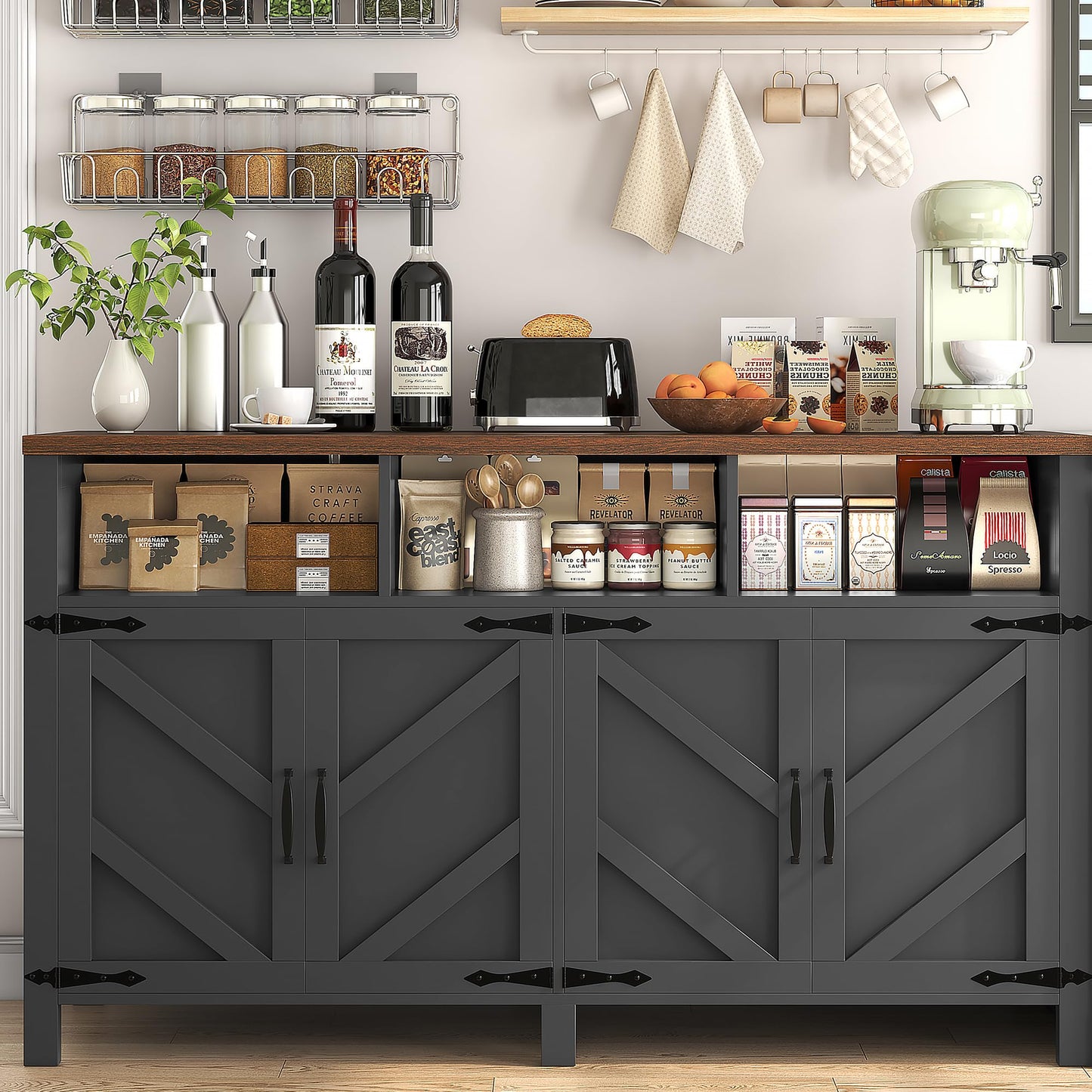knoworld Buffet Sideboard with Storage Farmhouse with 4 Doors, 55'' Large Kitchen Storage Cabinet Wood Coffee Bar Cabinet Buffet Table with Shelves for Kitchen, Dining Room, Entryway (Black, 55 in)