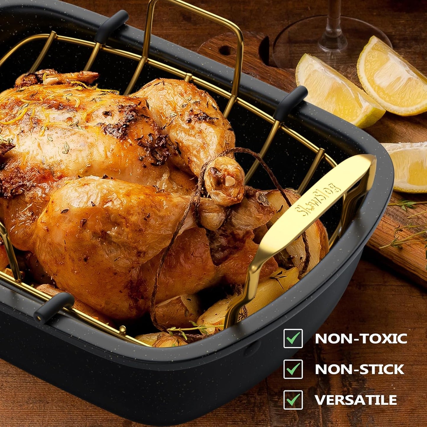 Roasting Pan - 17 Inch x 13 Inch Nonstick Roaster with Removable Rack for Turkey & Vegetables | Gold