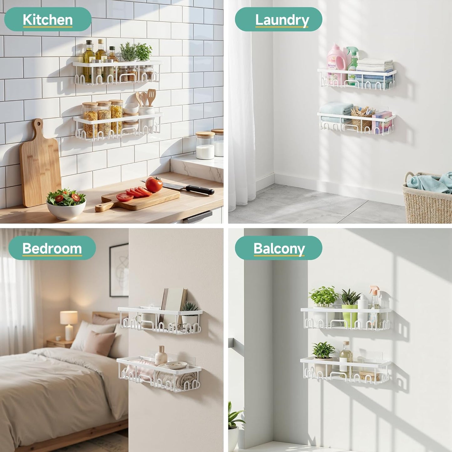 Veken Shower Caddy - 6-Pack Rustproof & Waterproof Adhesive Shelves | Large Bathroom Organizer in White