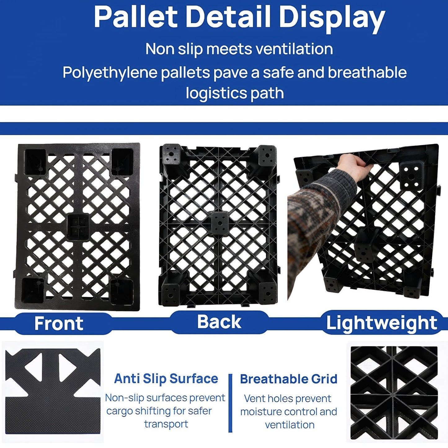 10 Pcs Plastic Pallets Lightweight Nestable Waterproof Floor Pallet Interlocking Storage Pad with Breathable Grids for Indoor Outdoor Warehouse Restaurant Supermarket (23.6 x 15.8 x 3.9 Inch, Black)