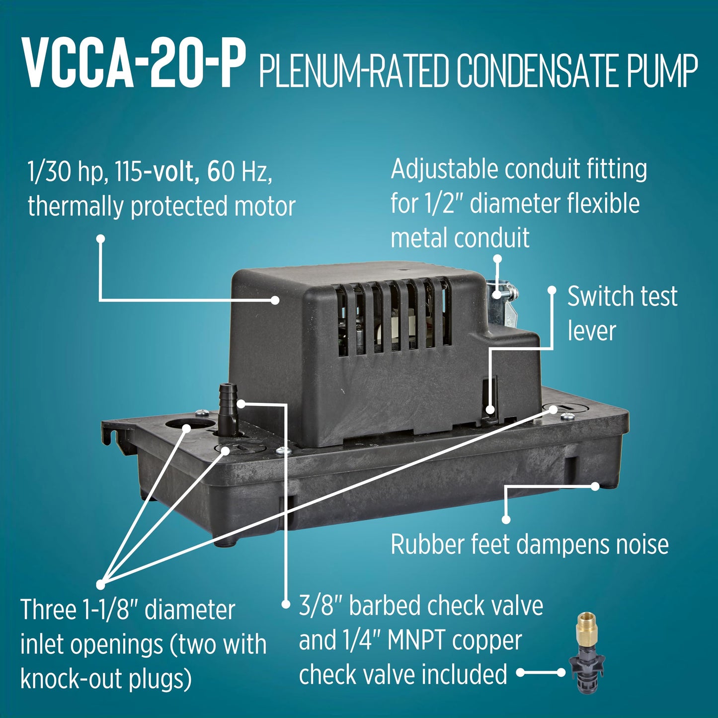 Little Giant VCCA-20-P 115 Volt, 1/30 HP, 80 GPH Low Profile Plenum Condensate Removal Pump, 6-ft. Cord (plug-less), Black, 554221101