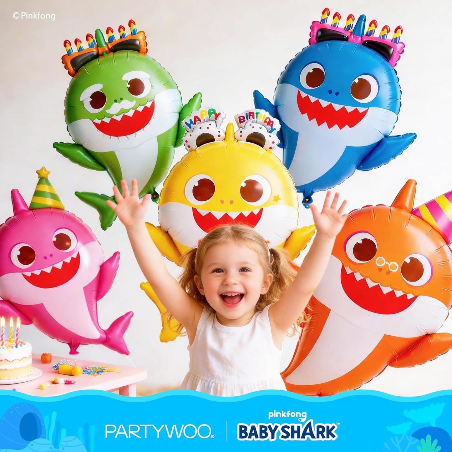 PartyWoo Baby Shark Family Foil Balloons - 13pcs Pink Round & Star Mylar Helium Balloons for Kids' Birthday Party Decorations