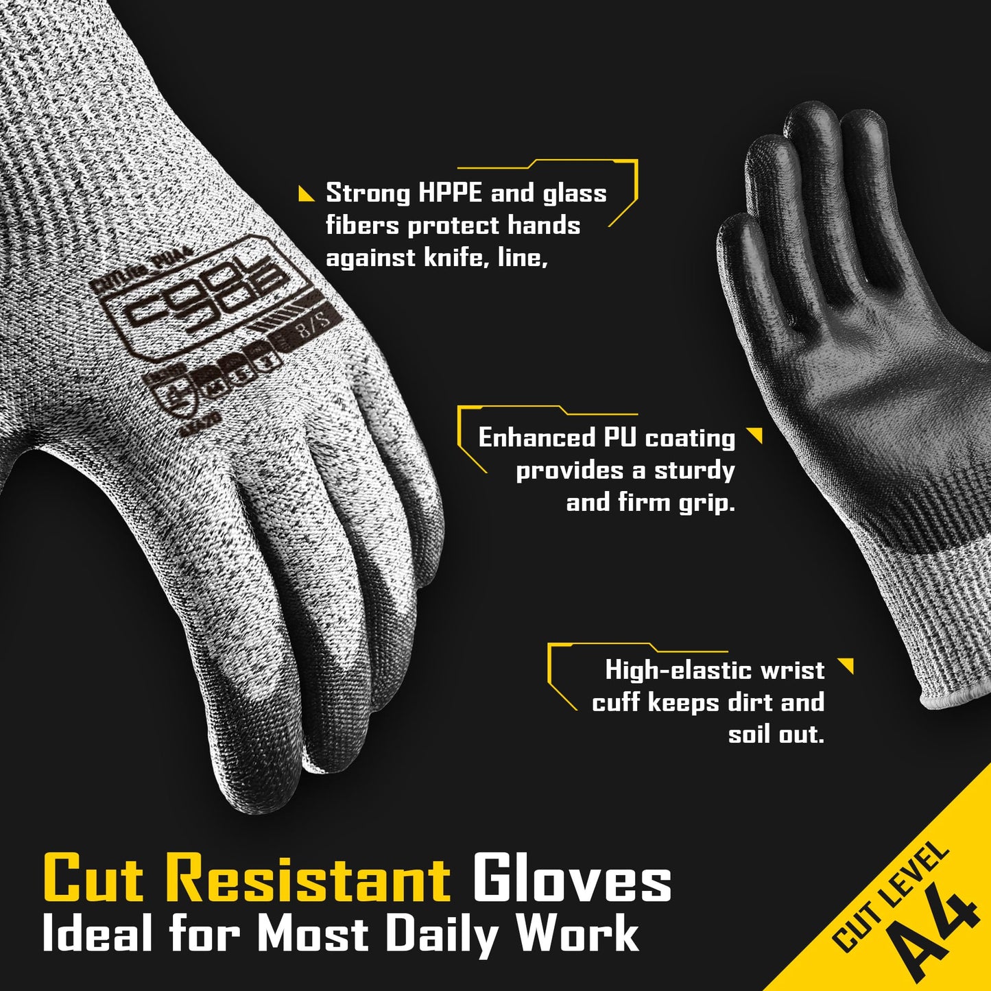 COOLJOB 12/120 Pairs A4 Cut Resistant Safety Work Gloves with Grip, Breathable & Lightweight Polyurethane PU Coated Protective Gloves for Wood Carving, Glass Handling, Mechanic Work, Gray Large