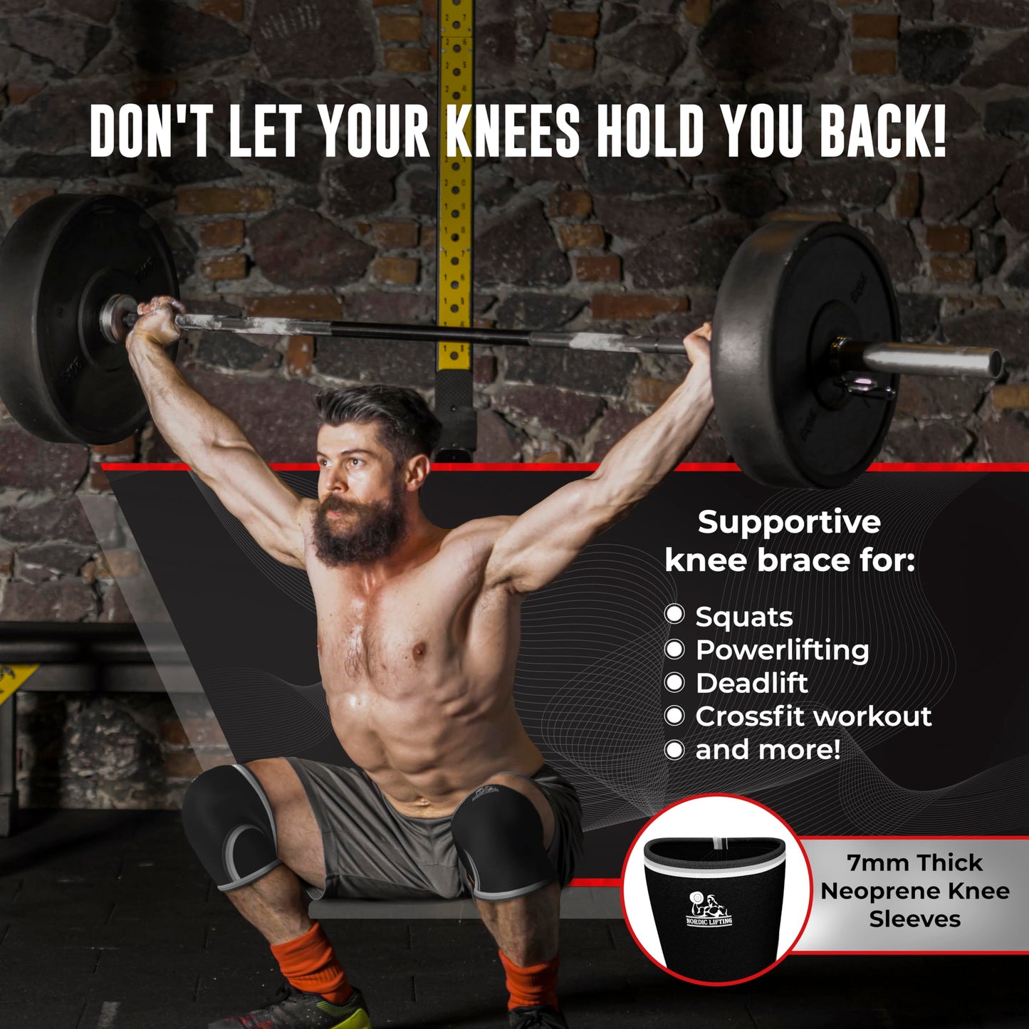 Nordic Lifting 7mm Knee Sleeves for Weightlifting & Gym (1 Pair) - Neoprene Compression Support for Squats, Powerlifting & Cross Training - USPA Approved - For Men & Women - L