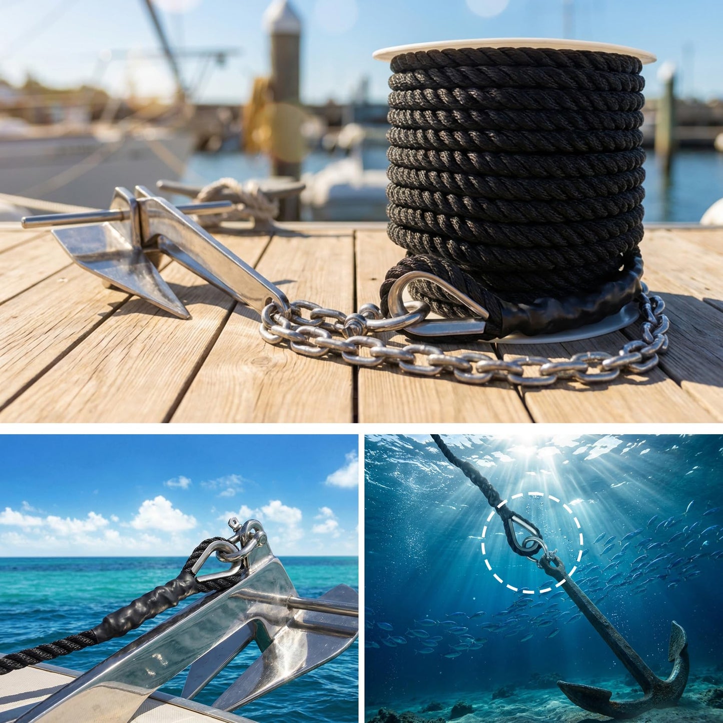 Anchor Rope 1/2 Inch 100 FT, Anchor Line 3 Strand Boat Rope with Stainless Steel Thimble & Shackle, Boat Anchor Rope Ideal for Towing Docking Mooring Boats Up to 35' - Black