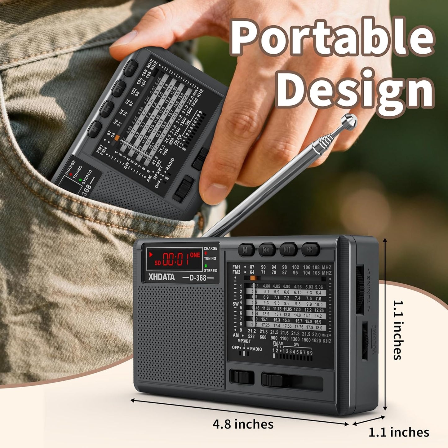 XHDATA D368 12 MP3 Portable Shortwave Radio AM FM SW Band DSP Stereo Player Wireless BT Speaker with Rechargeable