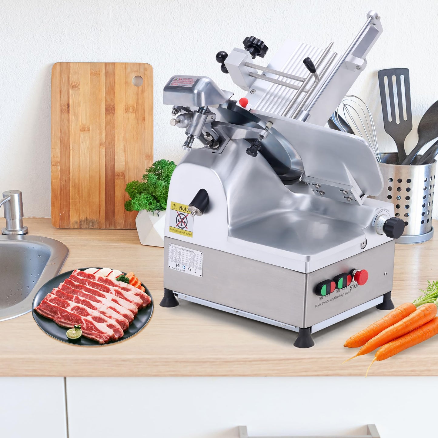 Commercial Meat Slicer with 12.6" Carbon Steel Blade, 550W Automatic Meat Slicer Machine, Professional Double-motor Food Cutter with Adjustable Thickness From 0 to 15mm for Commercial Use, Low Noise
