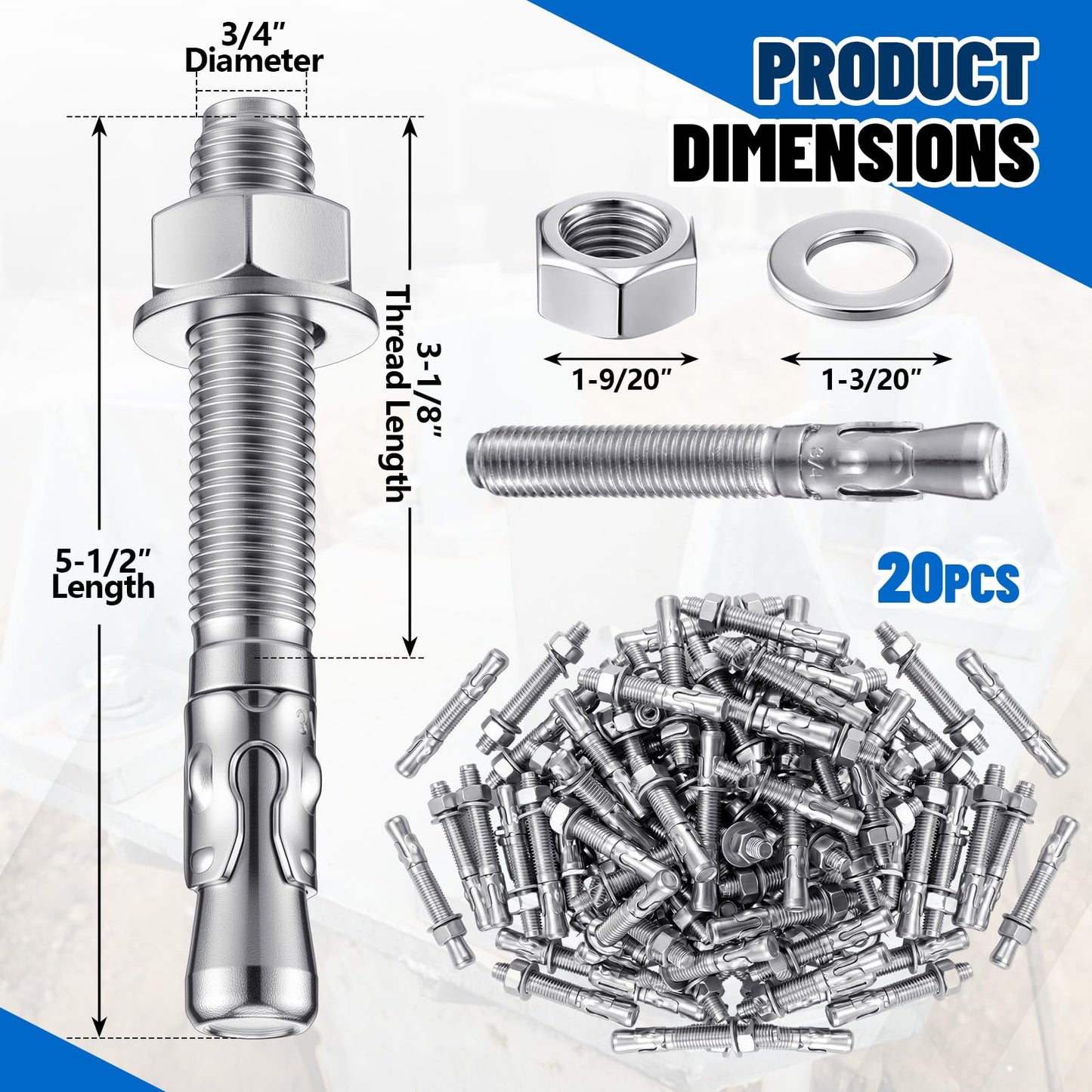 Moxweyeni 20 Pcs 3/4" x 5-1/2" Heavy Duty Wedge Anchors Zinc Plated with Nuts and Washers, Concrete Anchors for Concrete and Cement for Construction Industrial DIY
