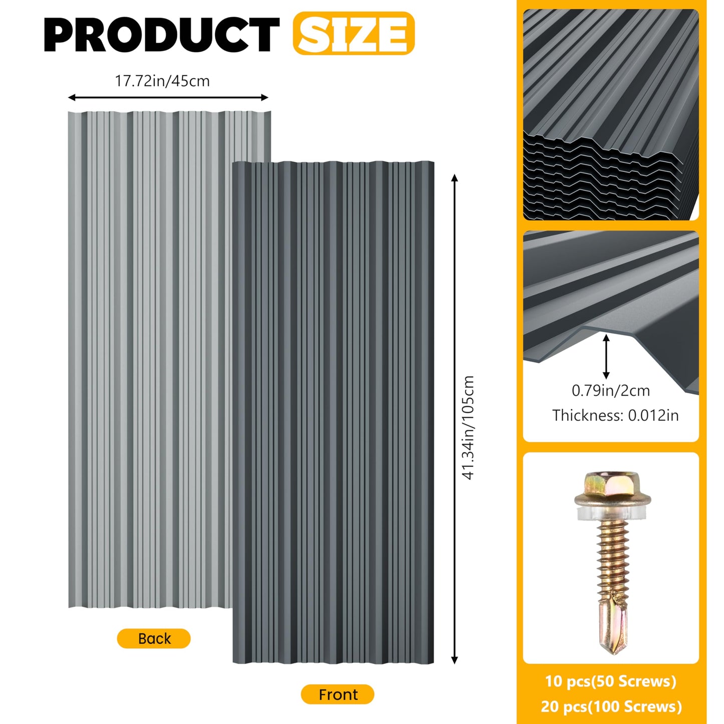 BOBIBAN 20 pcs Metal Roofing Panels - Corrugated Galvanized Roof Panels L41.34x W17.72 Inch, Waterproof Tin Roof Sheets for Garages,Sheds, Stables and Mobile Homes, Includes Screws(Grey,L41.34''-20)