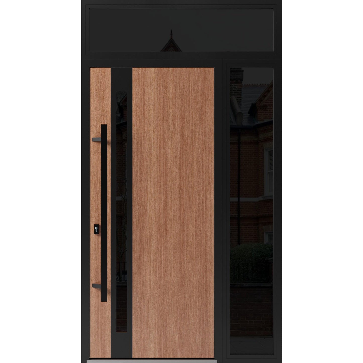 VDOMDOORS Front Exterior Prehung Steel Door/Ronex 1033 Teak/Side and Top Exterior Window Sidelite/Entry Metal Modern Painted W36+14" x H80+16" Right Hand Inswing