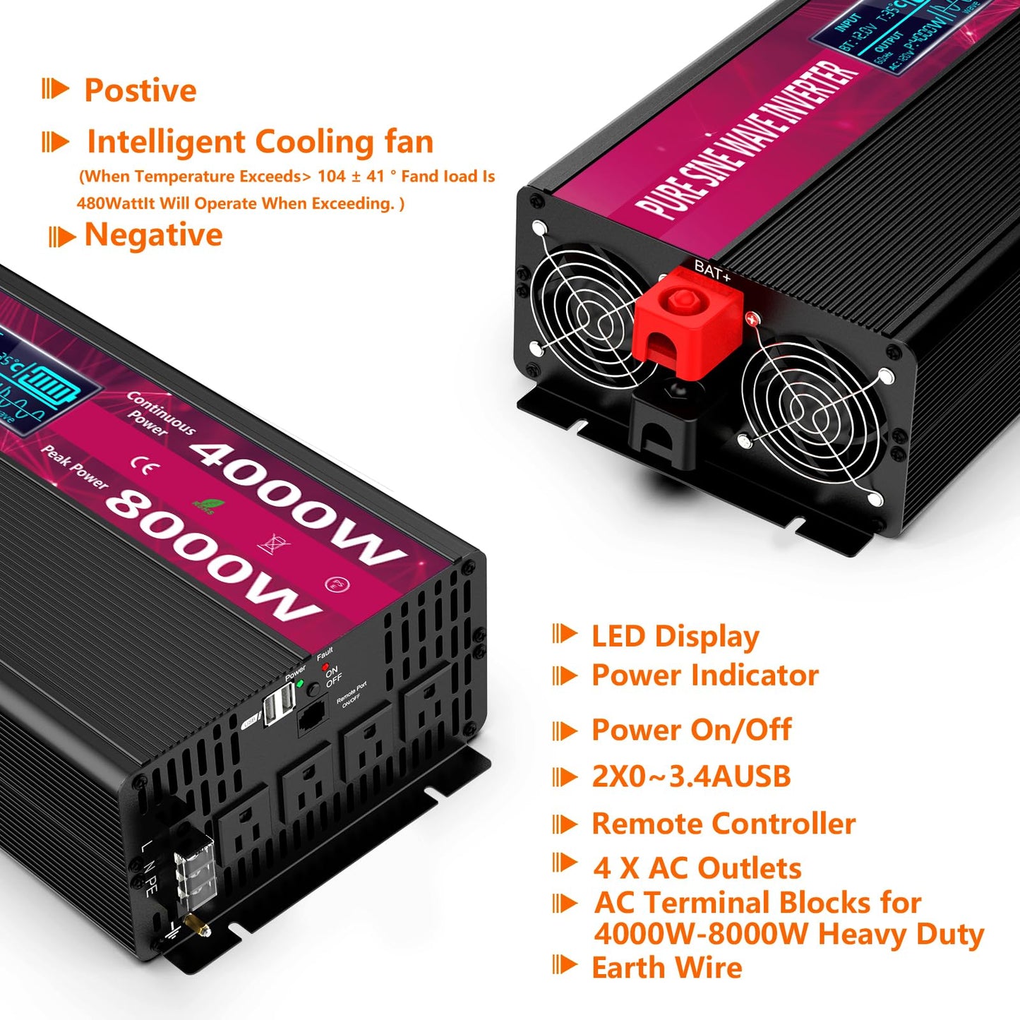 4000W Pure Sine Wave Power Inverter 12V DC to 110V/120V AC, 8000W Peak with Remote Control, 4 AC Outlets, Dual USB, LED Display, Heavy Duty Converter for RV, Truck, Solar System, Off-Grid & Emergency