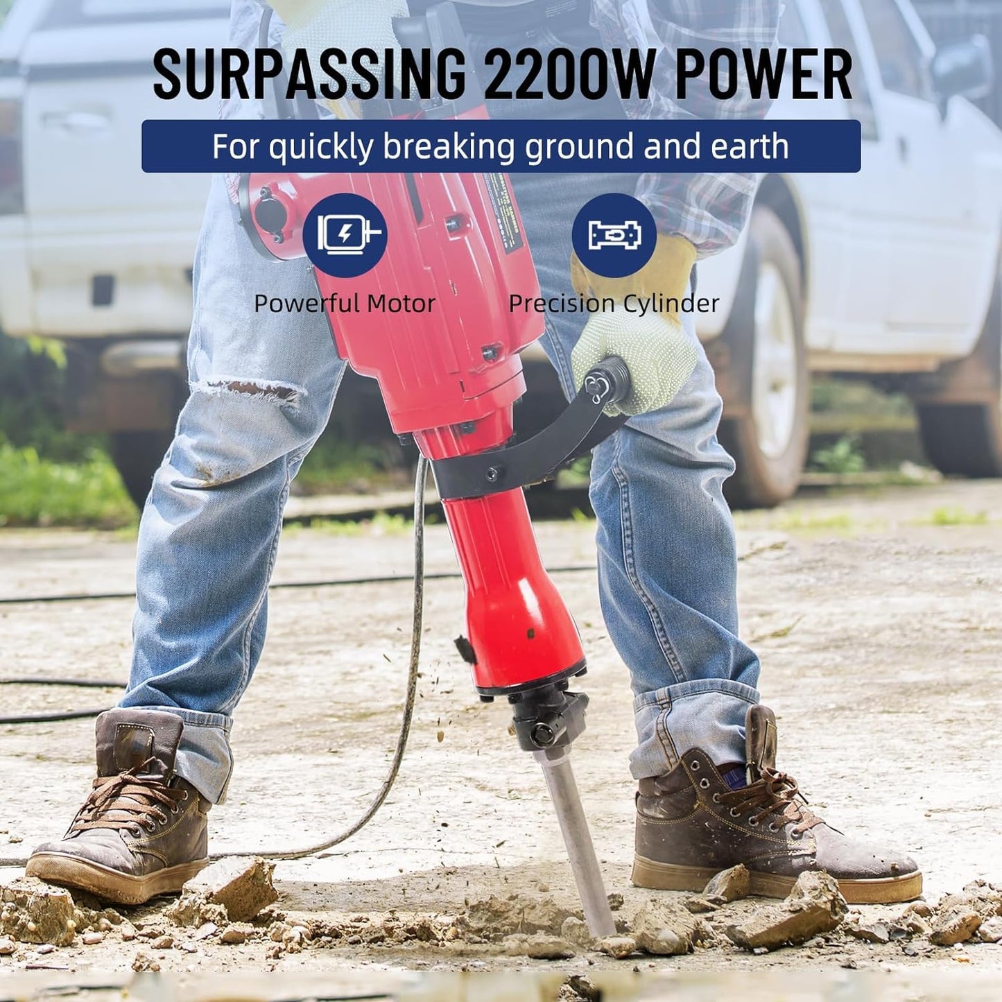 2200W Heavy Duty Electric Jack Hammer,Demolition Power Tool Kit With 3 Chisel Bits,Carrying Case & Safety Gloves for Concrete,Brick and Masonry, 6-Piece Set