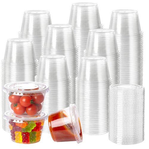 HOMIP 300Pack 4oz Disposable Plastic Portion Cups with Lids, Small Mini Sauce Cups for Portion Control, Salad Dressing Cups, Airtight and Stackable Condiment Cups for Party, Holiday and Daily Use