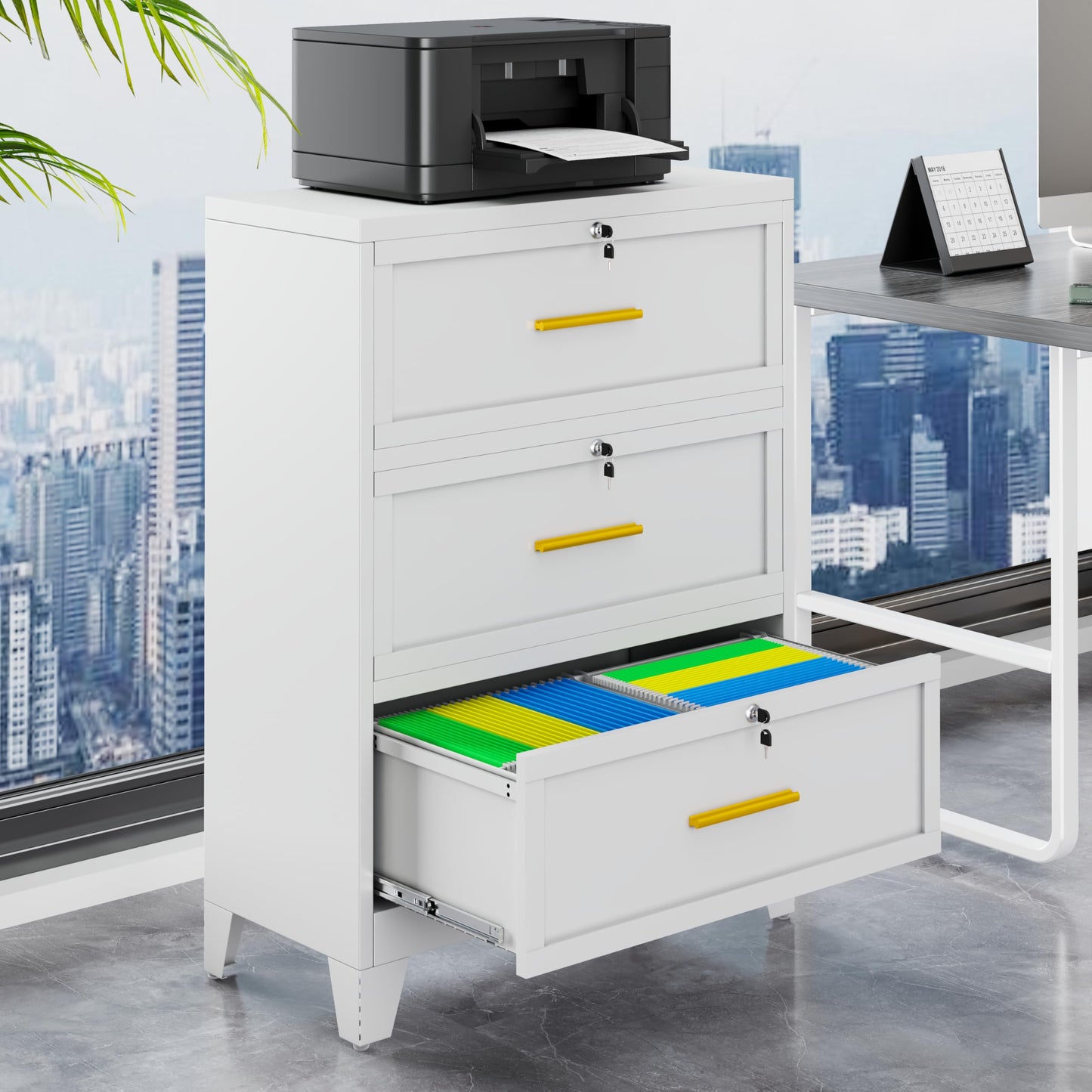 GAIOUS 3 Drawer File Cabinet with Lock, Metal Lateral Filing Storage Cabinet for Office Home, Steel Vertical File Cabinets for A4 Letter Size Documents, White Locking File Drawer, Assembly Required