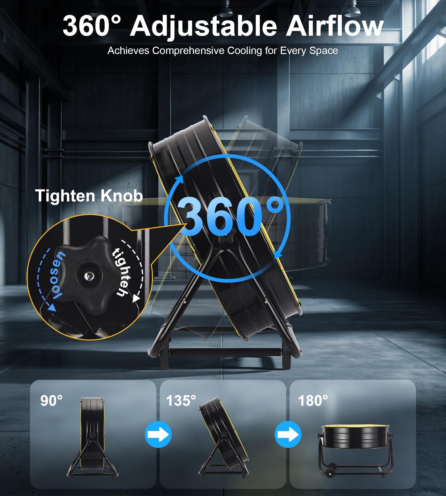 AKIRES 24IN Industrial Floor Drum Fan,8800CFM High Velocity Heavy Duty Shop Fan with 360° Tilt,Handle,320W High Velocity Drum Fan for Garage,Basement,Warehouse,Patio,Factory,Workshop,Commercial Use