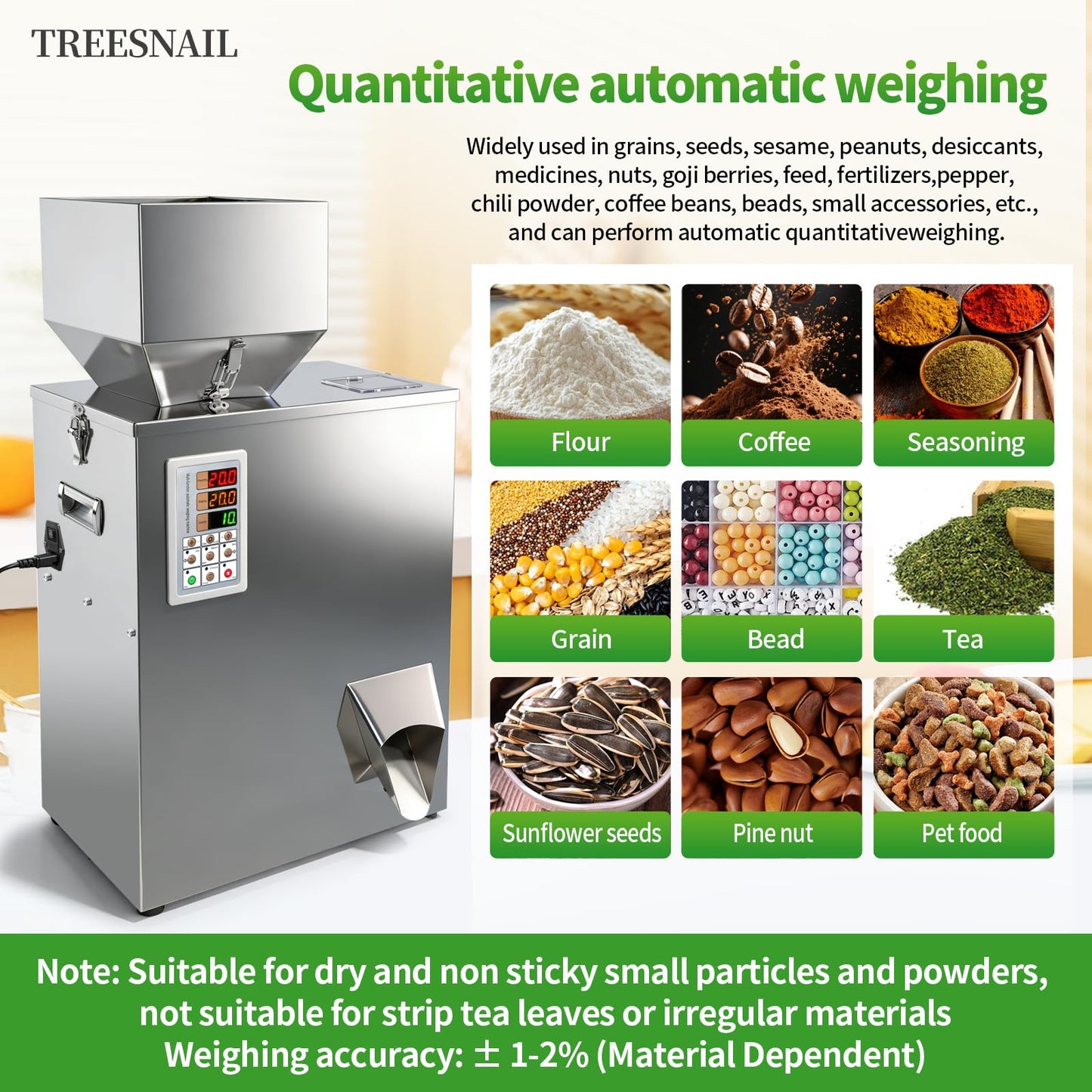 TREESNAIL 5-500g (0.011-1.1lbs) Powder Filling Machine, Automatic Intelligent Particle Weighing & Dispensing Filler for Tea, Coffee, Flour, Spices, Granules, 10-12 Packs/Min, 110V